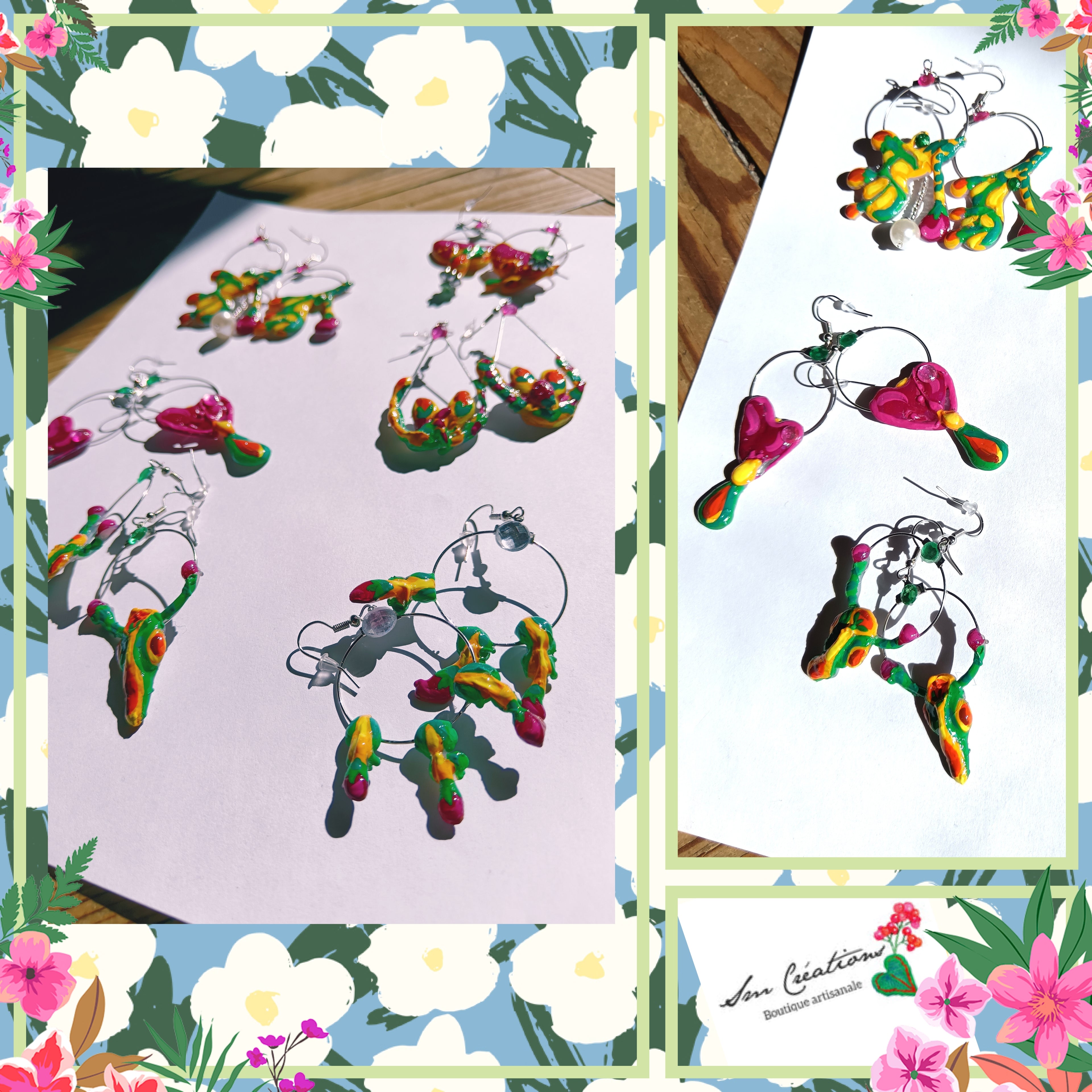 Boucle d'oreille Artisanale en Gomme D'arabique/ Acrylique - "Cactus in Love" - Printemps/ Eté 2025