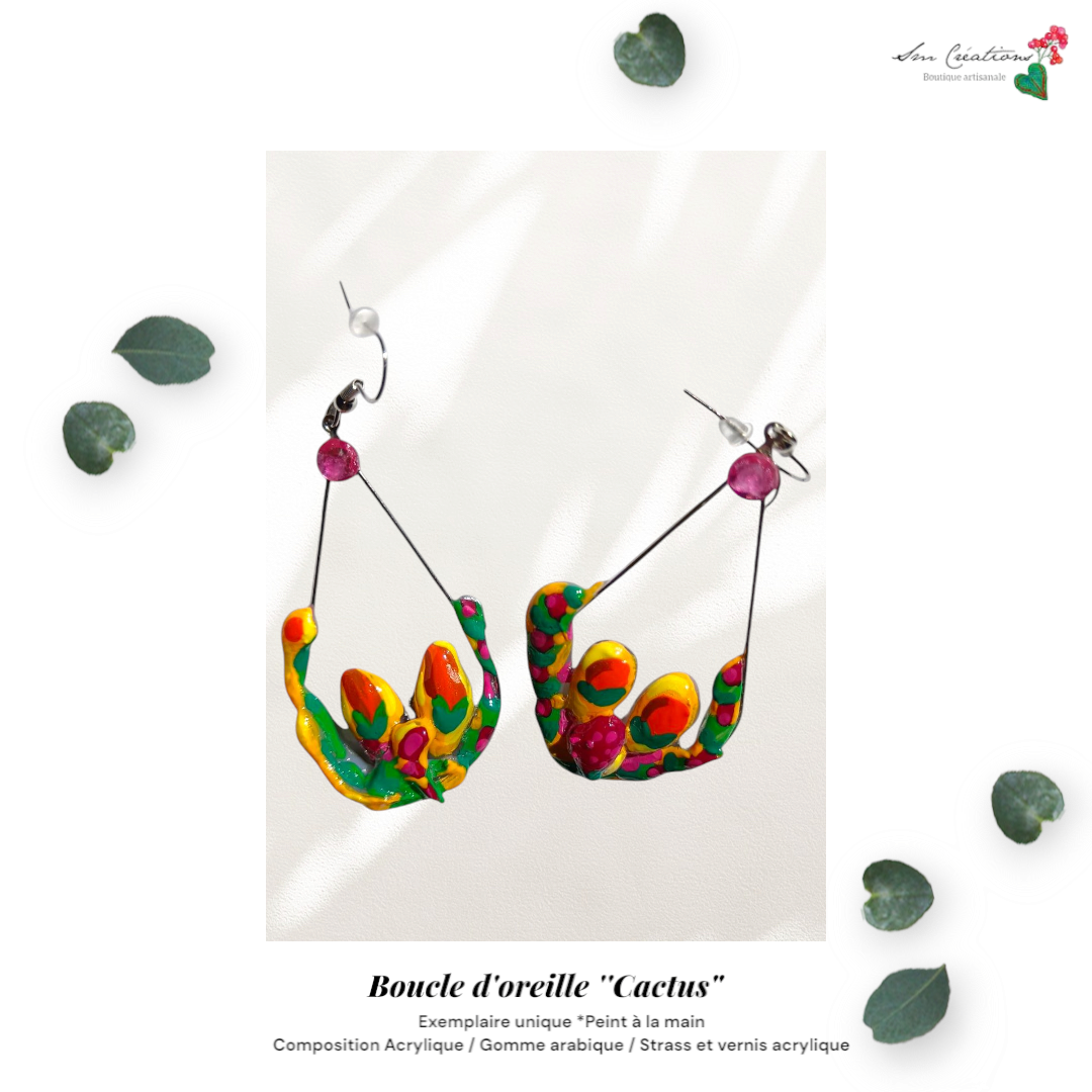 Boucle d'oreille Artisanale en Gomme D'arabique/ Acrylique - "Cactus in Love" - Printemps/ Eté 2025