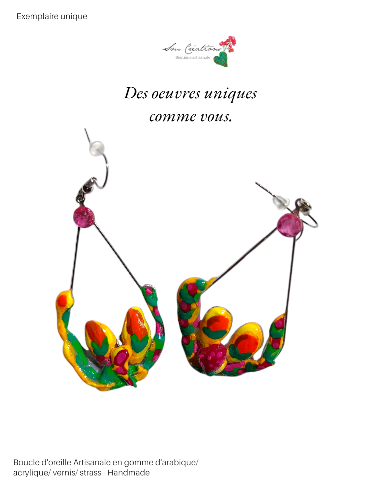 Boucle d'oreille Artisanale en Gomme D'arabique/ Acrylique - "Cactus in Love" - Printemps/ Eté 2025