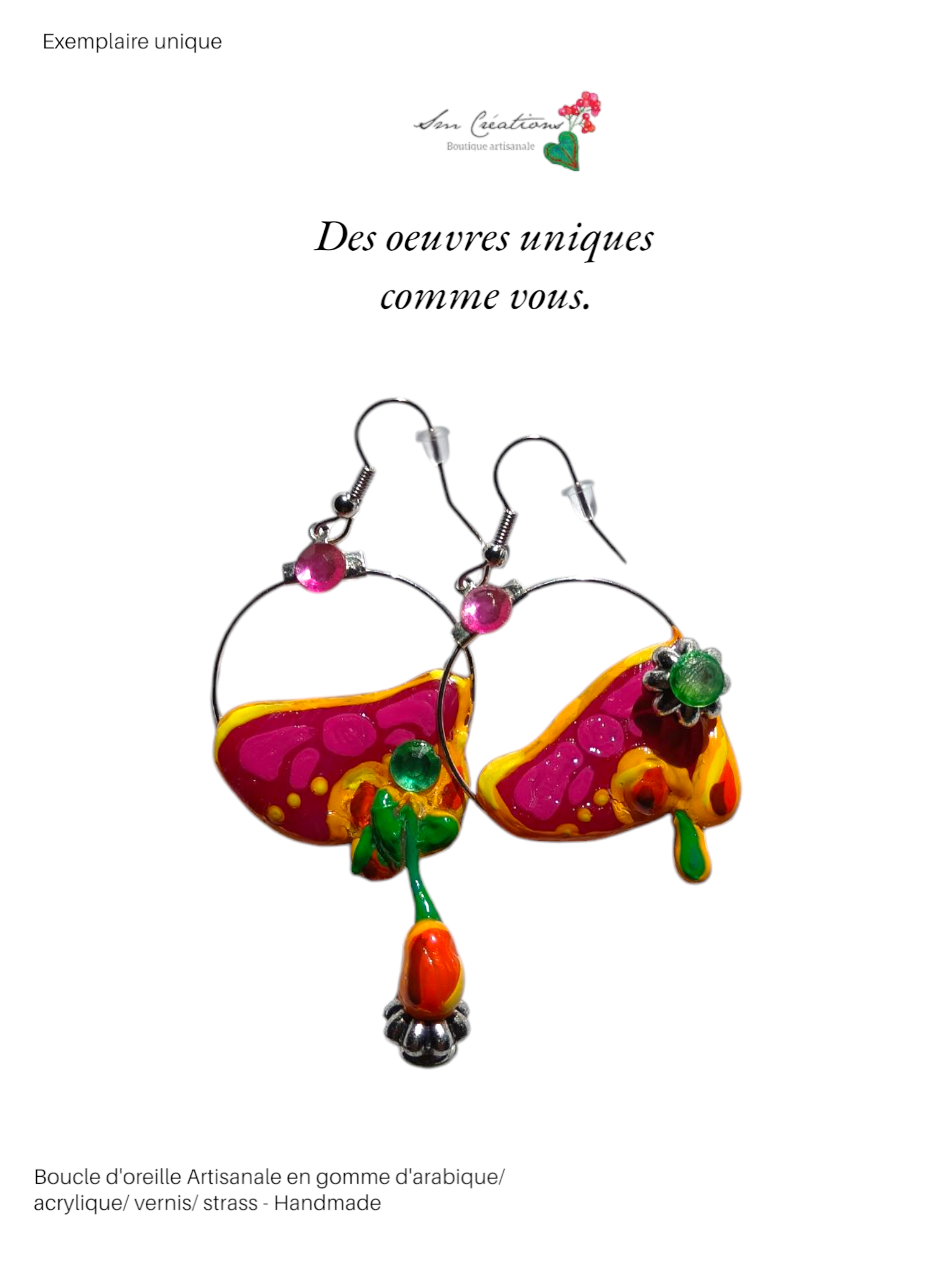 Boucle d'oreille Artisanale en Gomme D'arabique/ Acrylique - "Cactus in Love" - Printemps/ Eté 2025