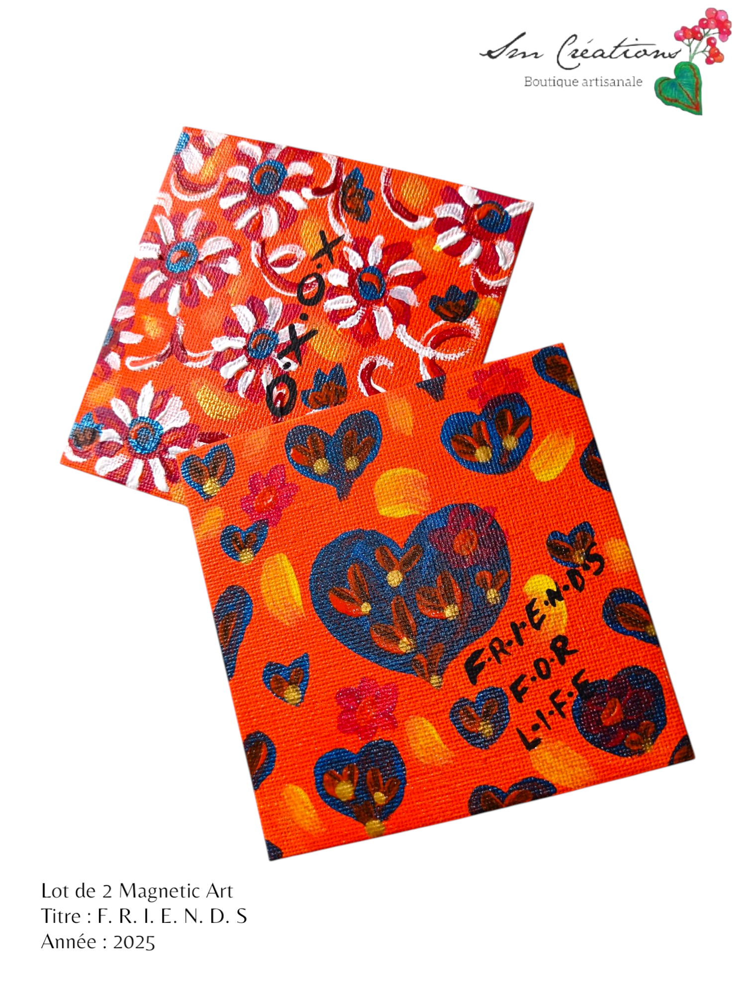Duo de carré "F-R-I-E-N-D-S" Mini toile aimantée artisanale - Exemplaire unique / Collection Summer 25'N°2