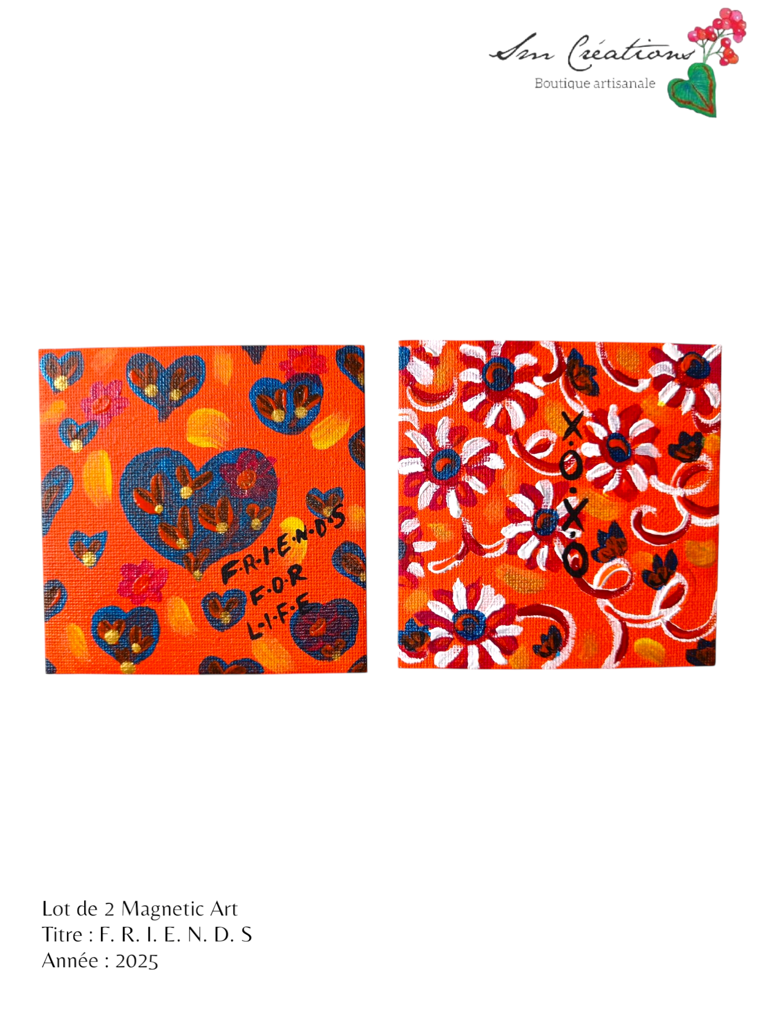 Duo de carré "F-R-I-E-N-D-S" Mini toile aimantée artisanale - Exemplaire unique / Collection Summer 25'N°2