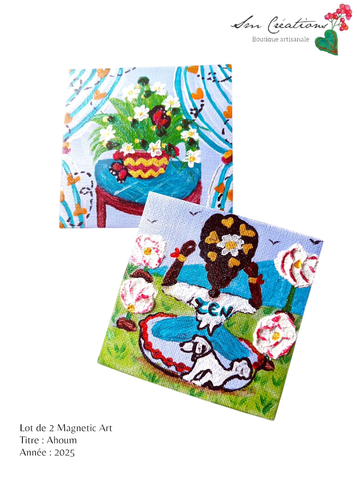 Duo de carré "Ahoum" Mini toile aimantée artisanale - Exemplaire unique / Collection Summer 25'N°2