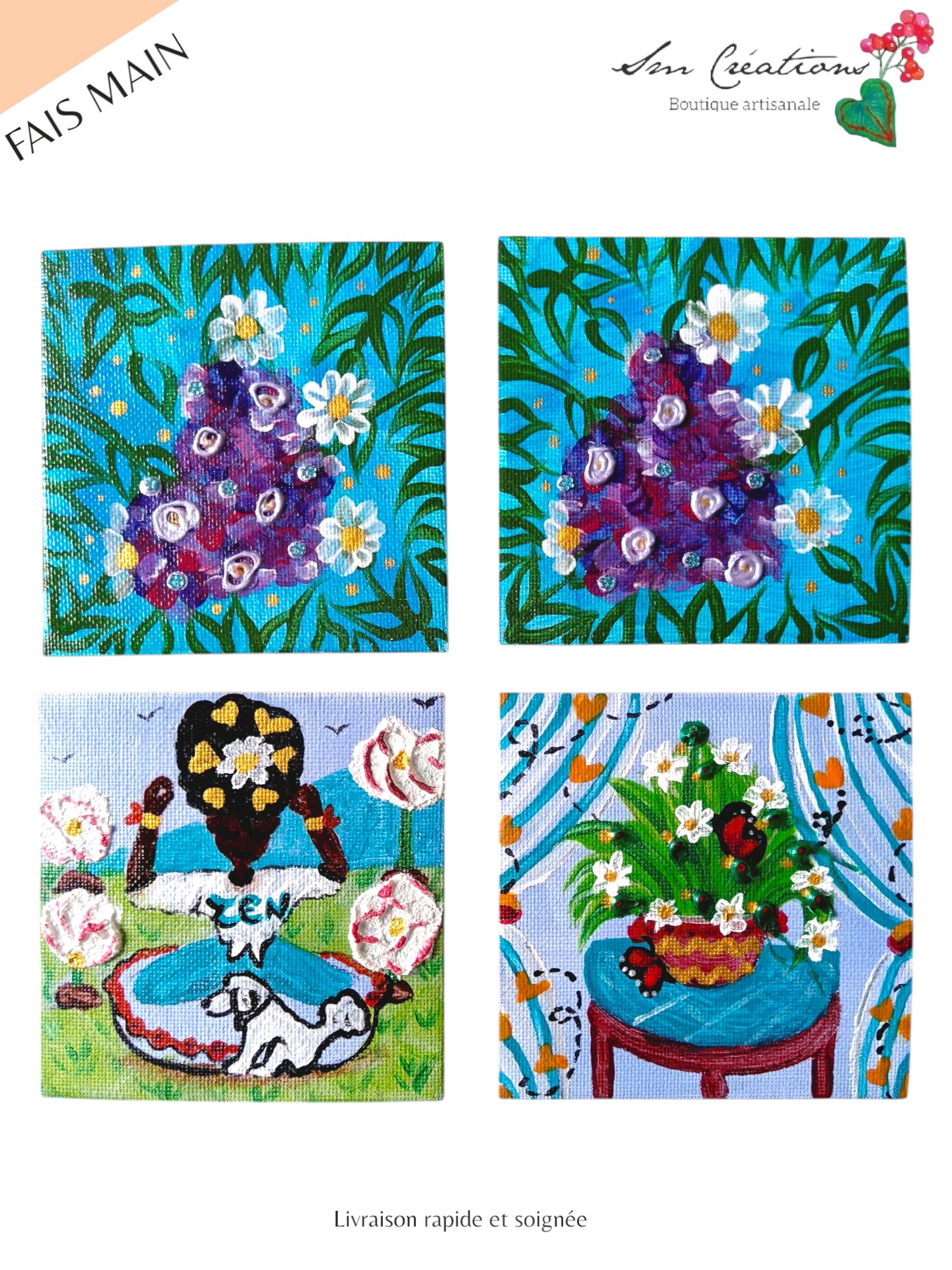 Duo de carré "Ahoum" Mini toile aimantée artisanale - Exemplaire unique / Collection Summer 25'N°2