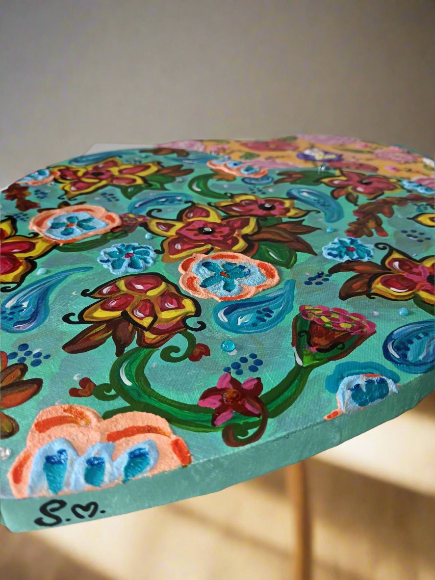 "Coeur coulant d'azur" Peinture acrylique / texturée 29x29cm avec attache perlée artisanale - originale signé