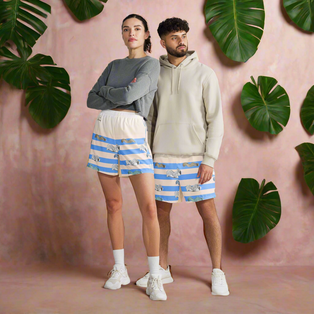 Short long athlรฉtique en matiรจre recyclรฉ ร  impression ''Crรจme solaire & mariniรจre'' Style unisexe/ รtรฉ 2025