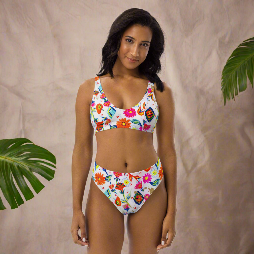 Maillot de bain 2P  ''Fiesta Flore'' éco-responsable taille haute