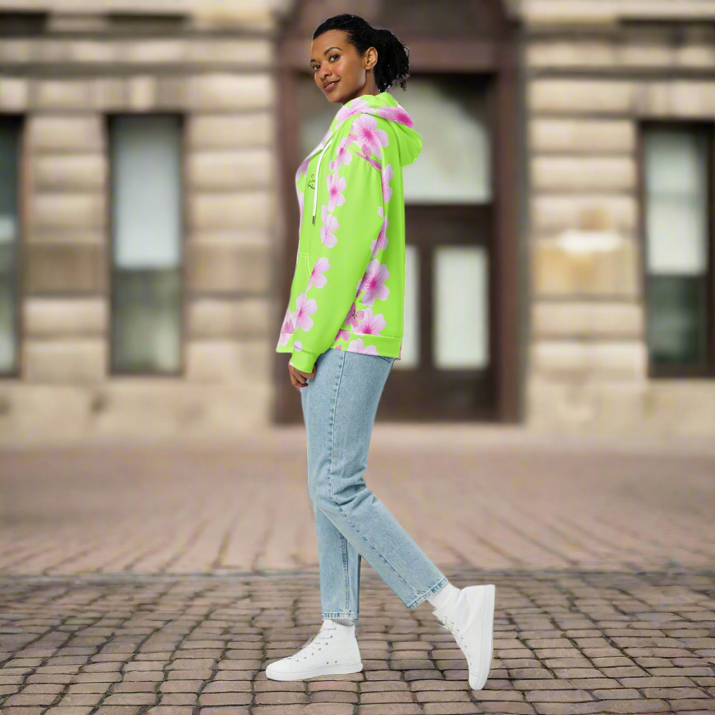 Sweat à capuche zippé unisexe Matière recyclée''Fleurs roses en verdure de pomme'' Été 2025