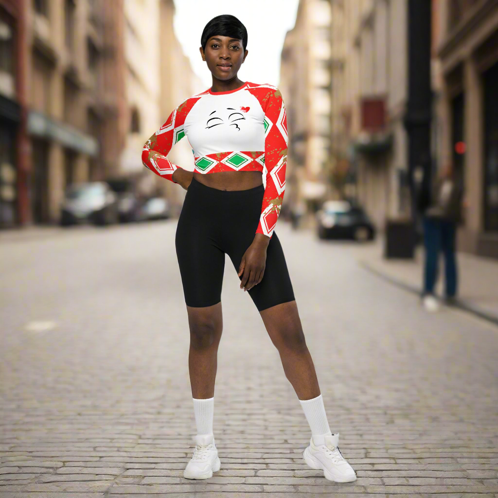 Haut court à manches longues en matières recyclées '' Bisous'' Motif losanges en block Été 2025