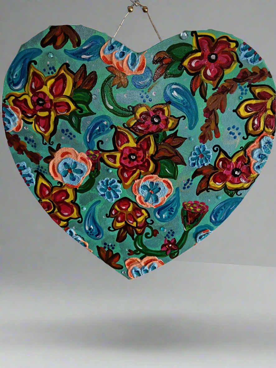 "Coeur coulant d'azur" Peinture acrylique / texturée 29x29cm avec attache perlée artisanale - originale signé