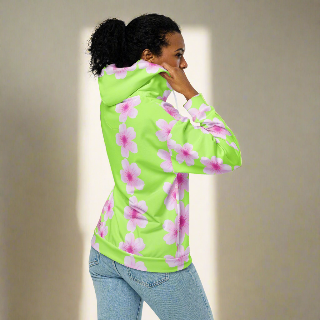 Sweat à capuche zippé unisexe Matière recyclée''Fleurs roses en verdure de pomme'' Été 2025