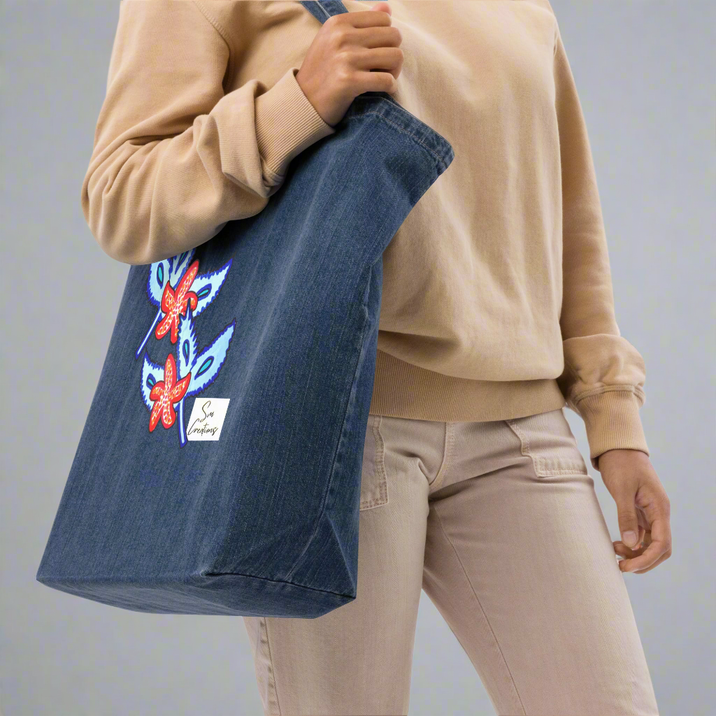 Tote bag en jean écologique ''Feuilles bleues et petites fleurs'' édition 2025
