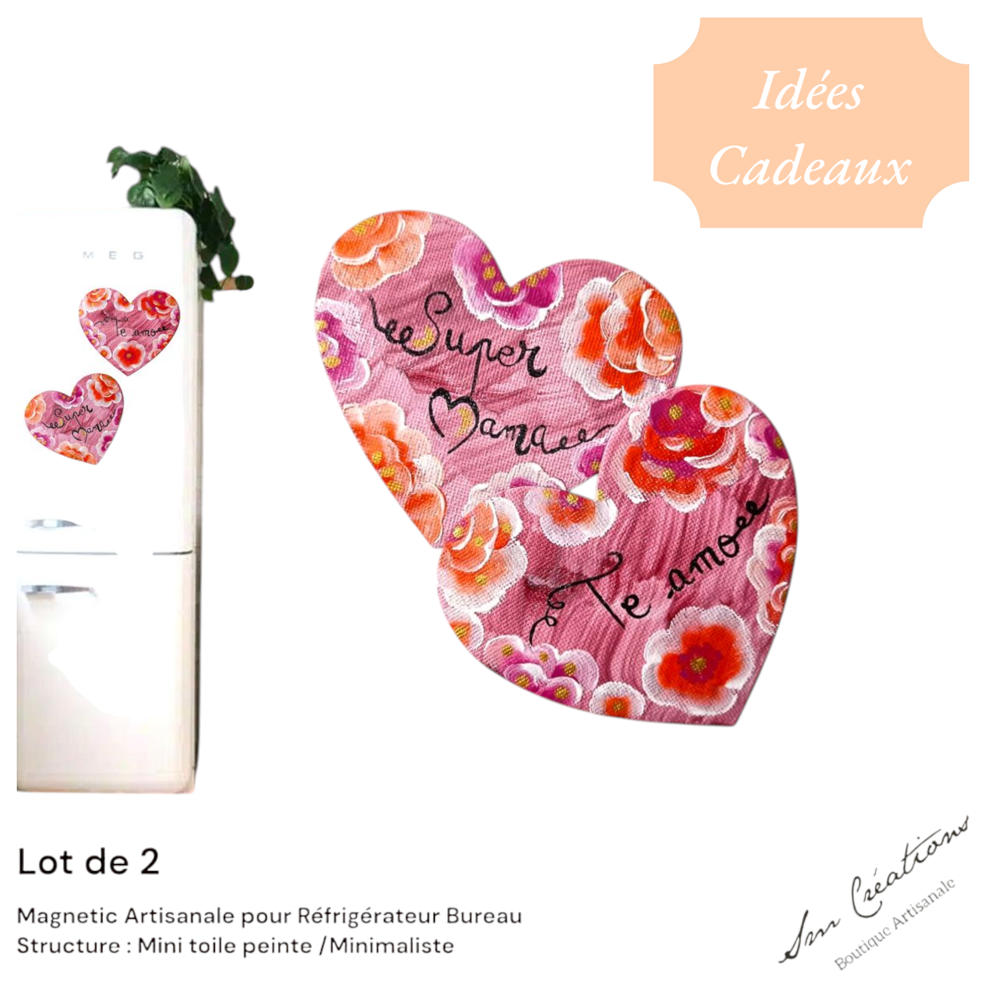 Duo de cœur aimanté artisanale "Super Mama - Te amo" Exemplaire unique *Doux Messages