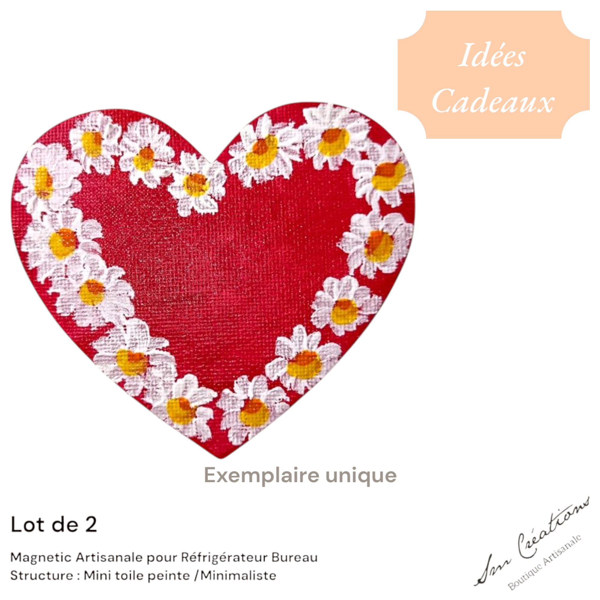 Duo de cœur aimanté "Rouge de soie et Marguerite" Exemplaire unique