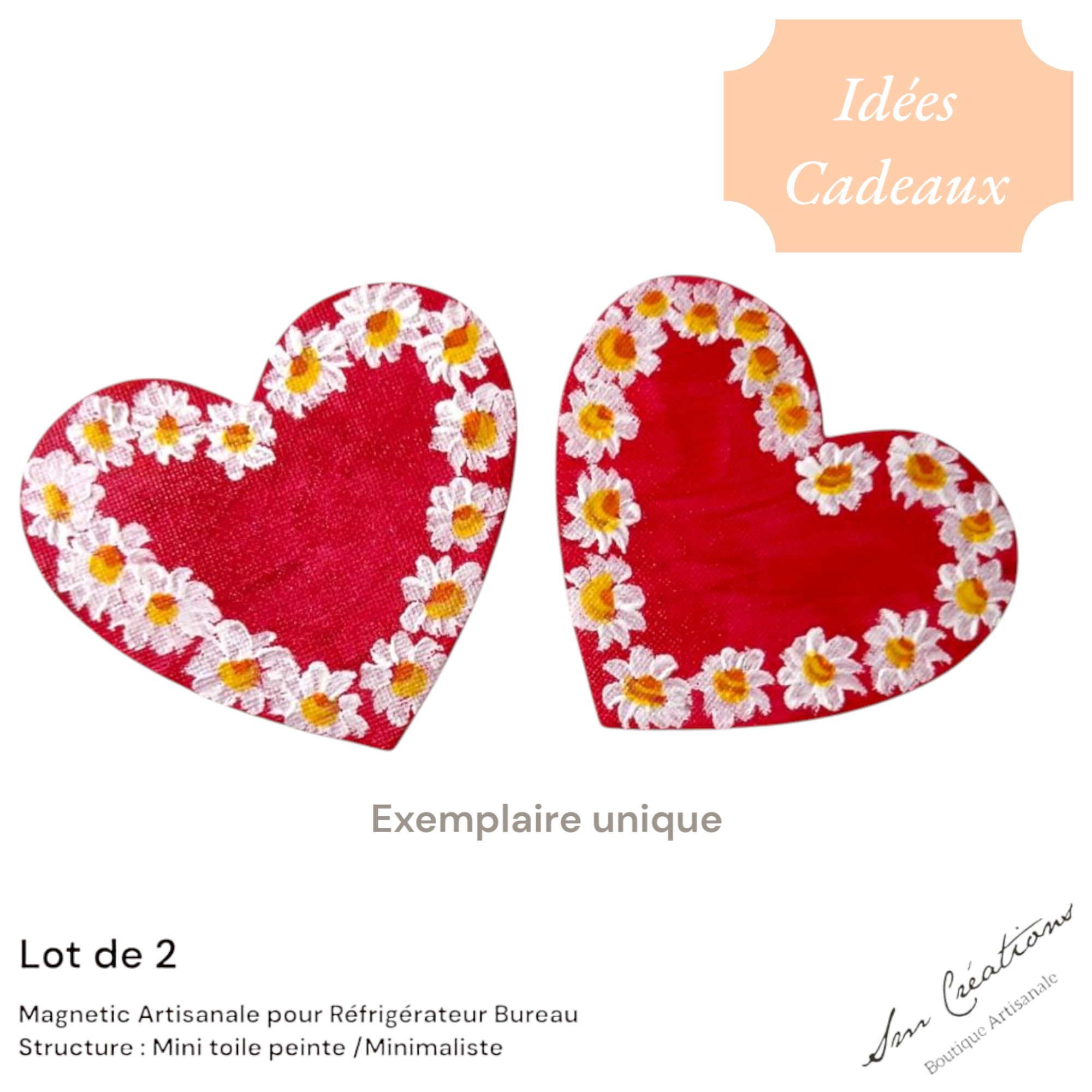 Duo de cœur aimanté "Rouge de soie et Marguerite" Exemplaire unique