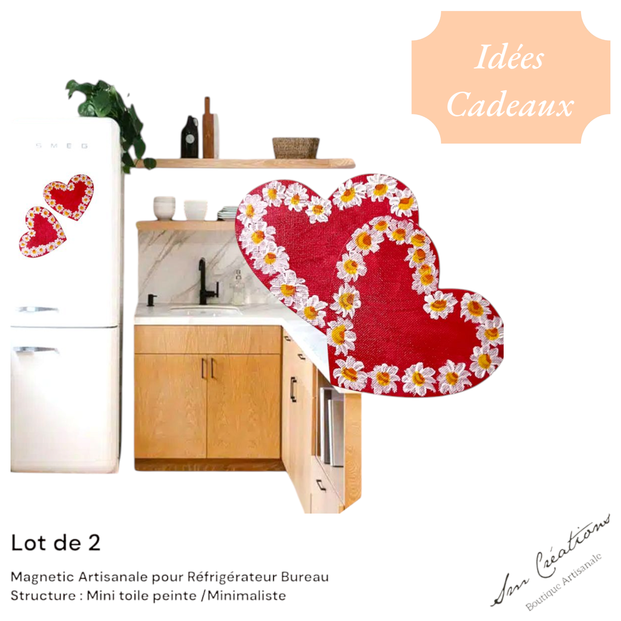 Duo de cœur aimanté "Rouge de soie et Marguerite" Exemplaire unique