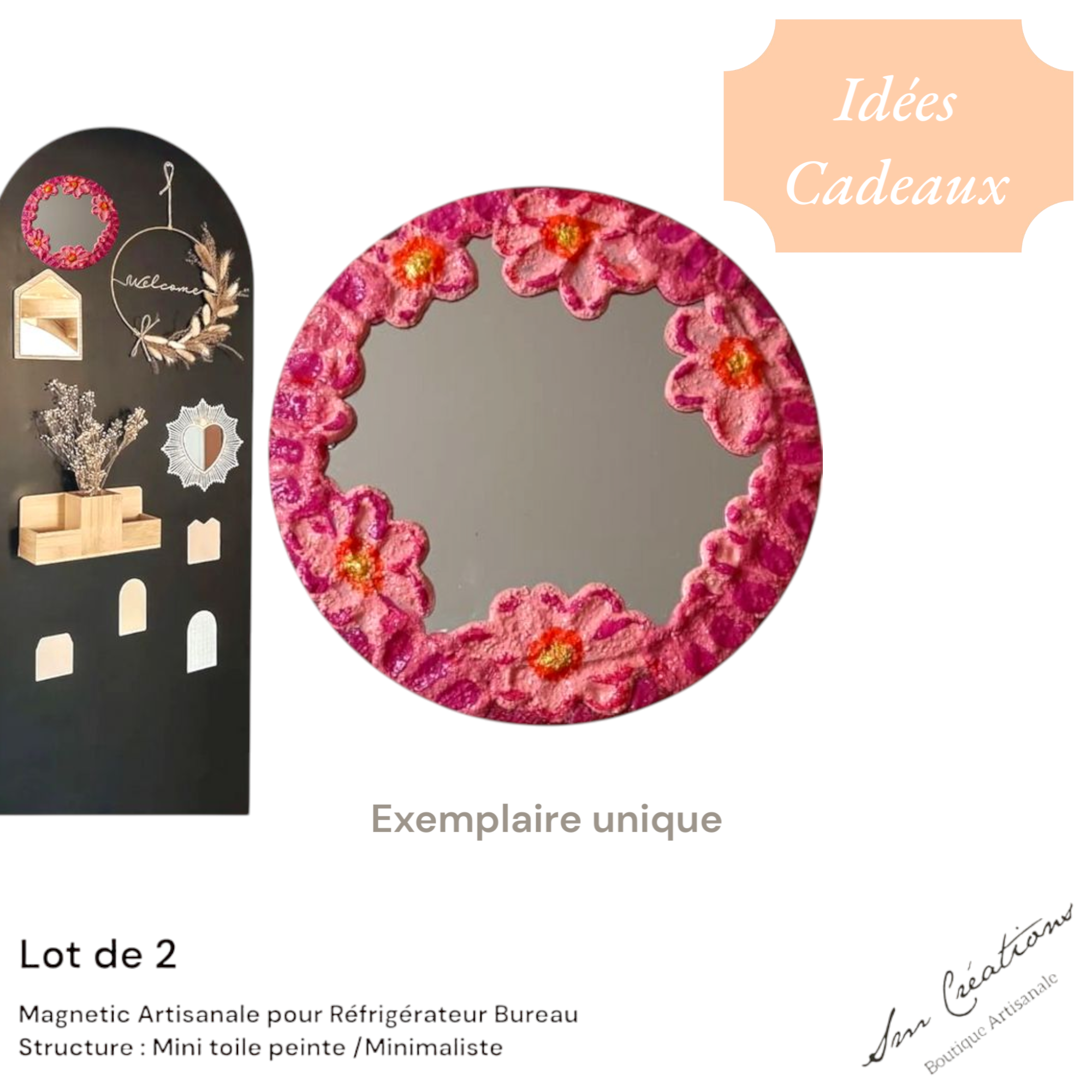 Miroir Artisanale Fais Main Inspiration Japon "Rocher en rose" Exemplaire unique/ Idée Cadeau original
