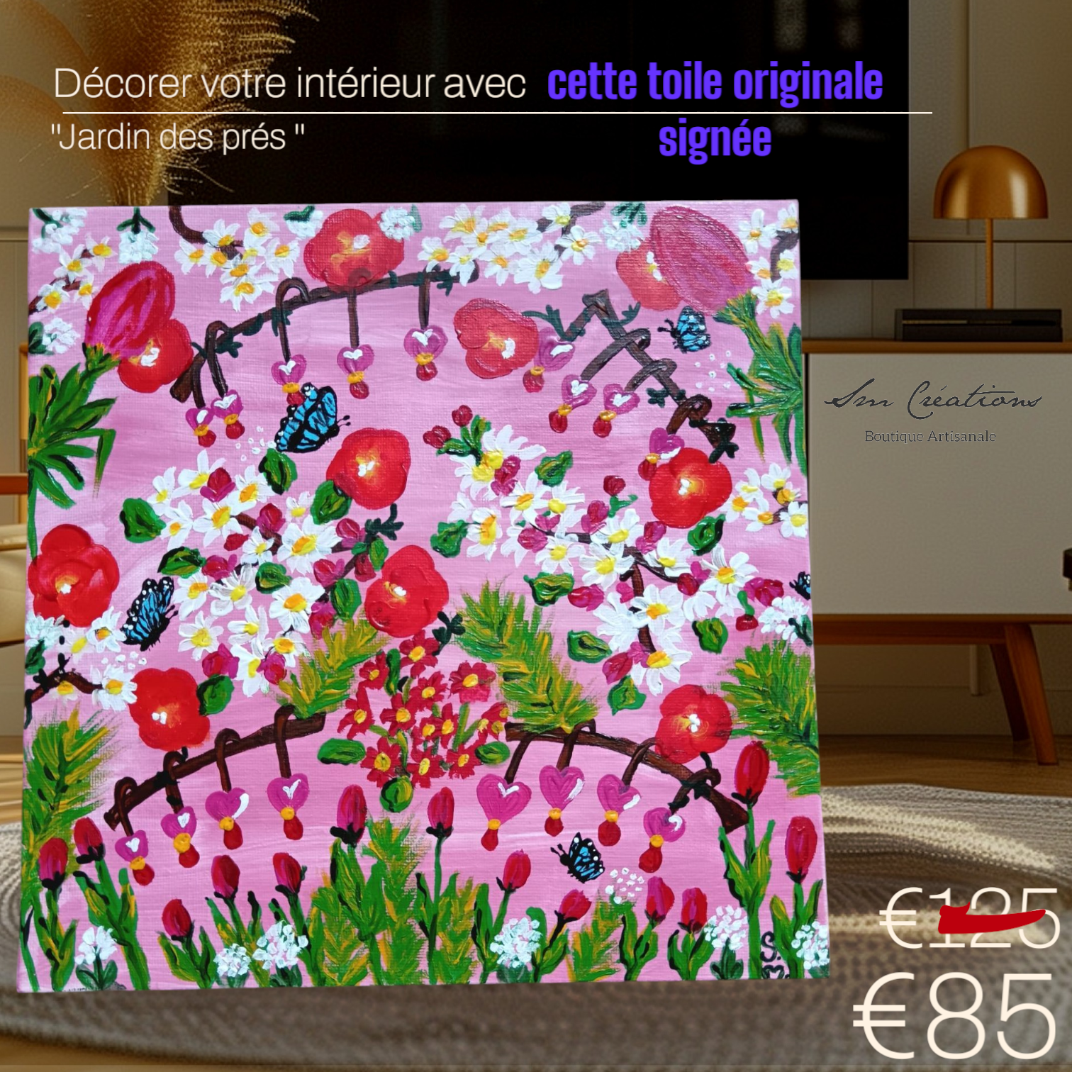 Carré Décoratif ''Toujours + de fleurs" 25*25cm/ Exemplaire unique signé 2025