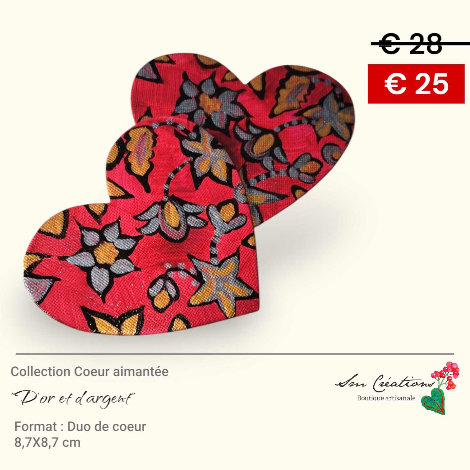 Duo de cœur "𝑫'𝒐𝒓 𝒆𝒕 𝒅'𝒂𝒓𝒈𝒆𝒏𝒕 " Mini toile aimantée artisanale - Exemplaire unique / Collection Coeur bohème N°1