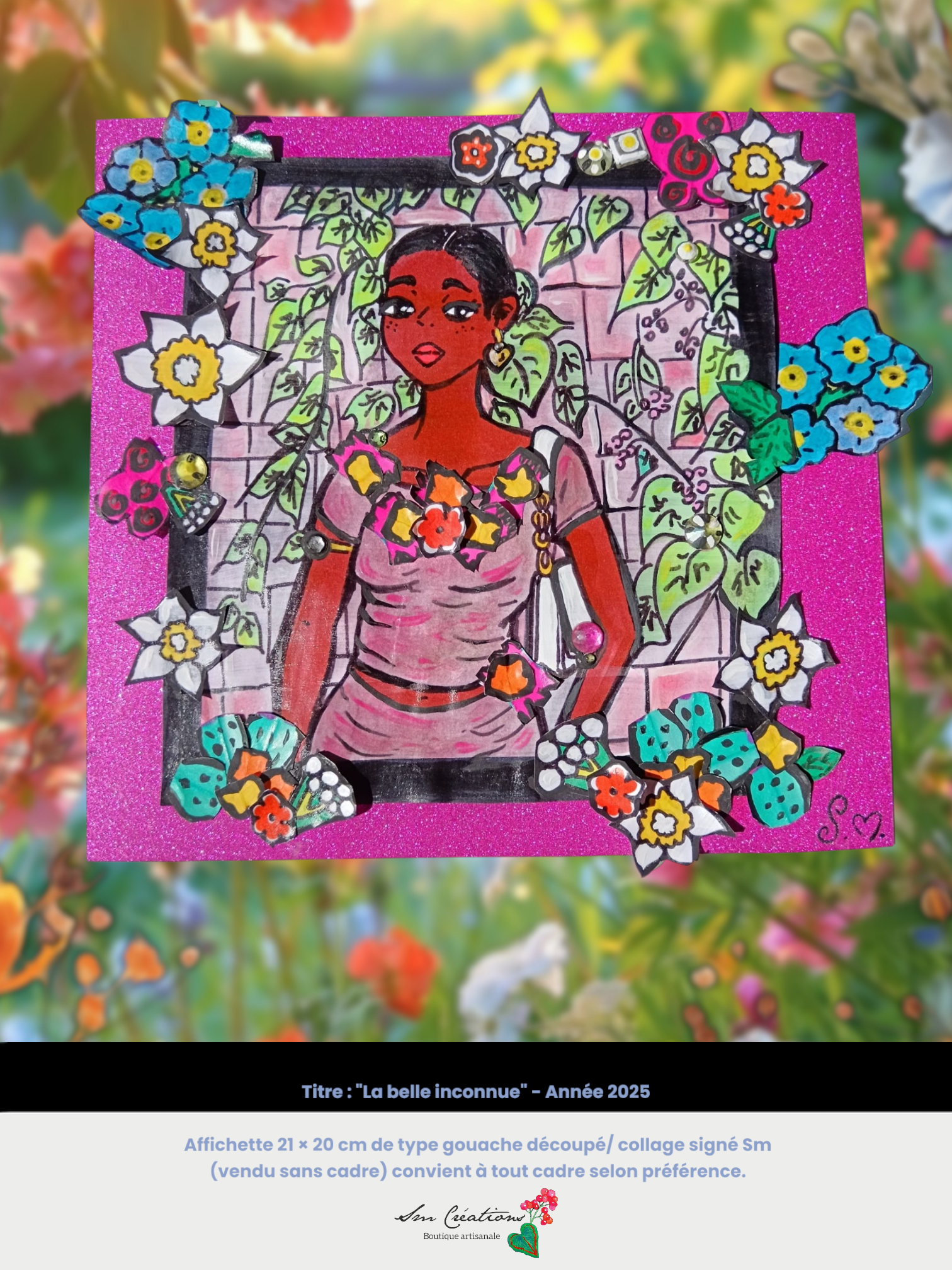 Illustration peinture type affichette artisanale 21 x 20 cm - 1 exemplaire unique et signé - "La belle inconnue" 2025