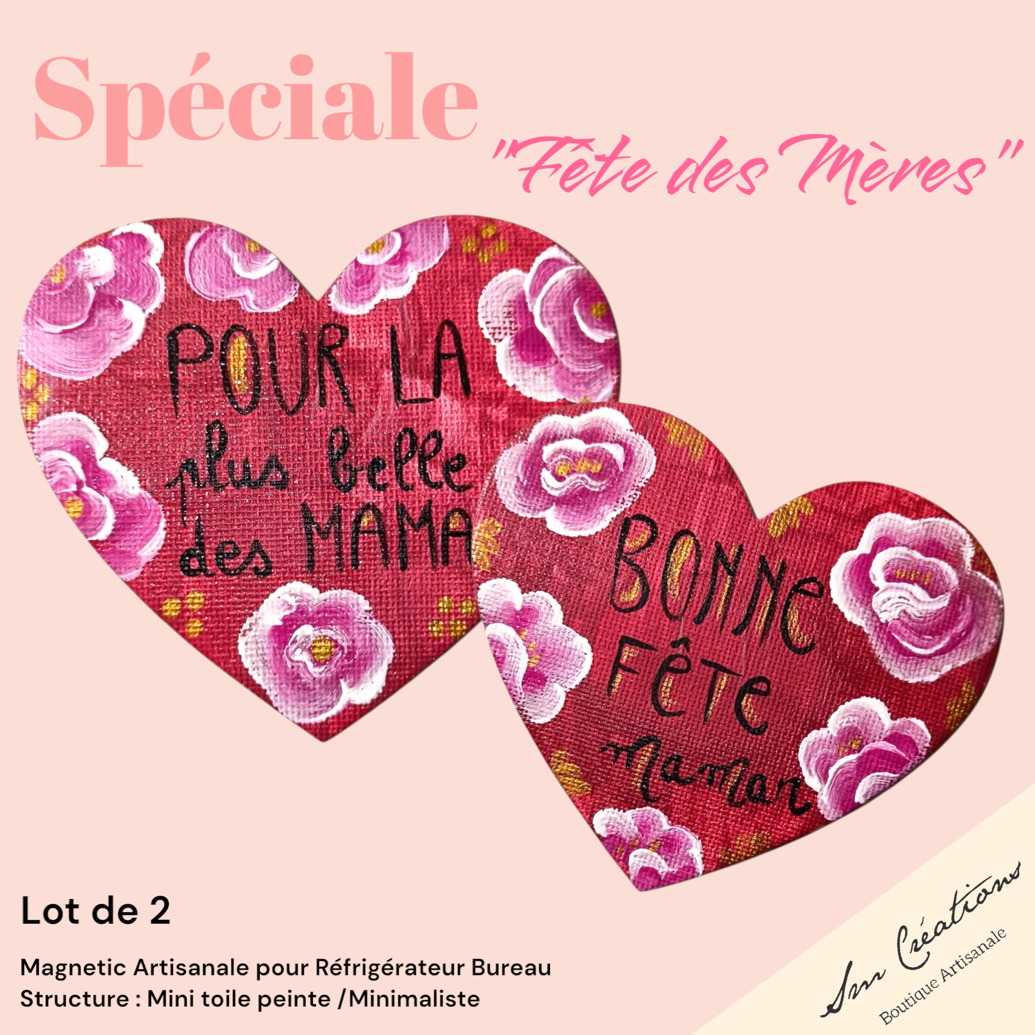 Duo de coeur aimanté artisanale "Bonne fête Maman" Exemplaire unique