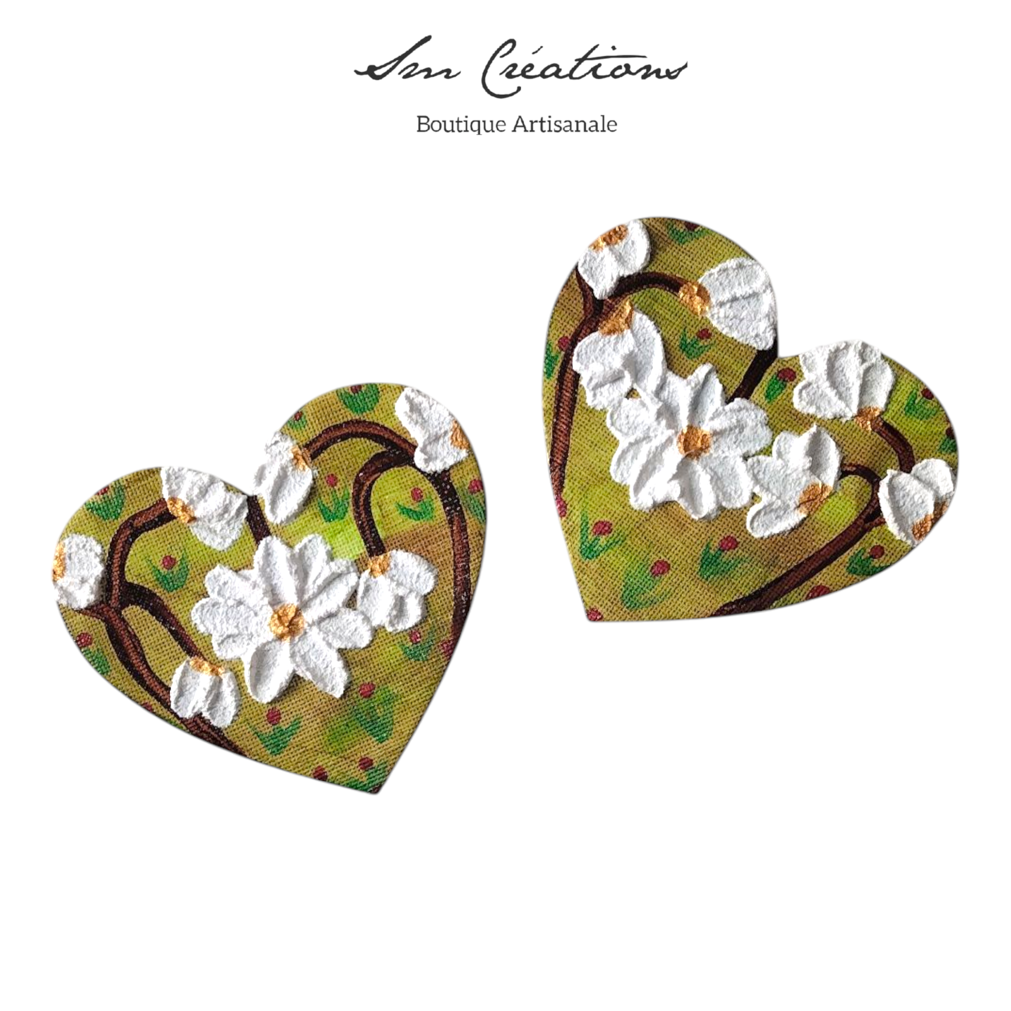 Duo de cœur "𝑪𝒐𝒎𝒎𝒆 𝒅𝒖 𝒄𝒐𝒕𝒐𝒏 " Mini toile aimantée artisanale - Exemplaire unique / Collection Coeur bohème N°1