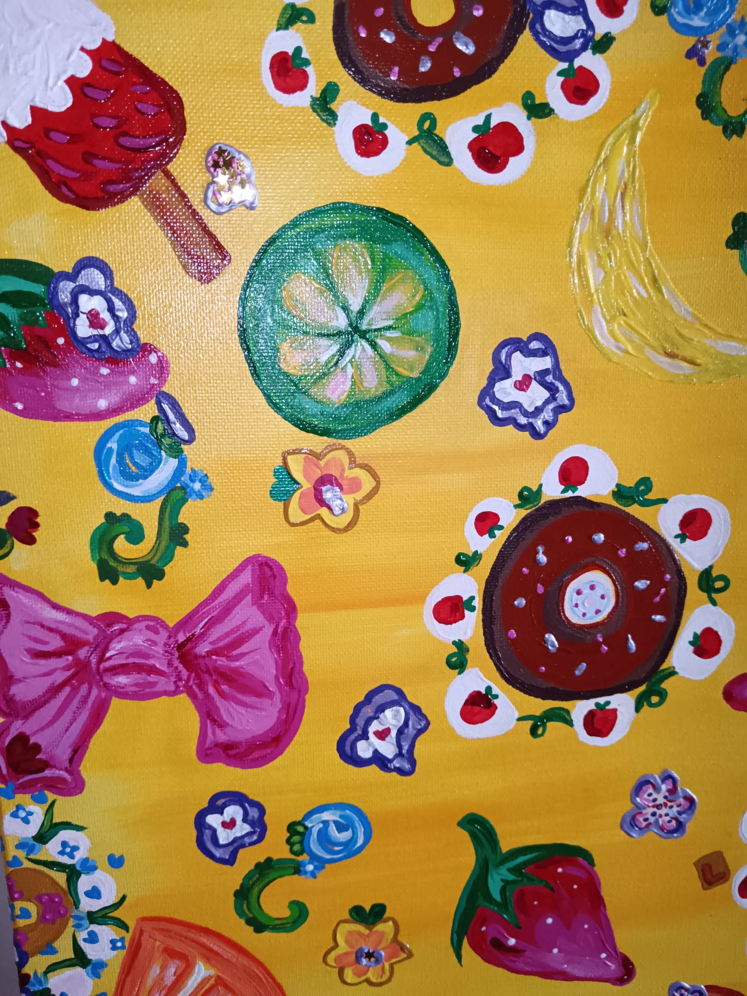 Peinture acrylique mixte 3d paint - Format 30 x 40,2 cm avec anse perlée fais main - Exemplaire unique avec certificat - titre : "Sucré"