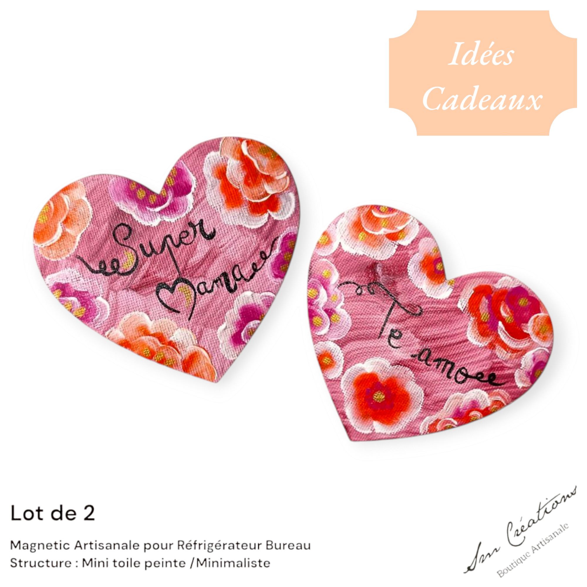 Duo de cœur aimanté artisanale "Super Mama - Te amo" Exemplaire unique *Doux Messages