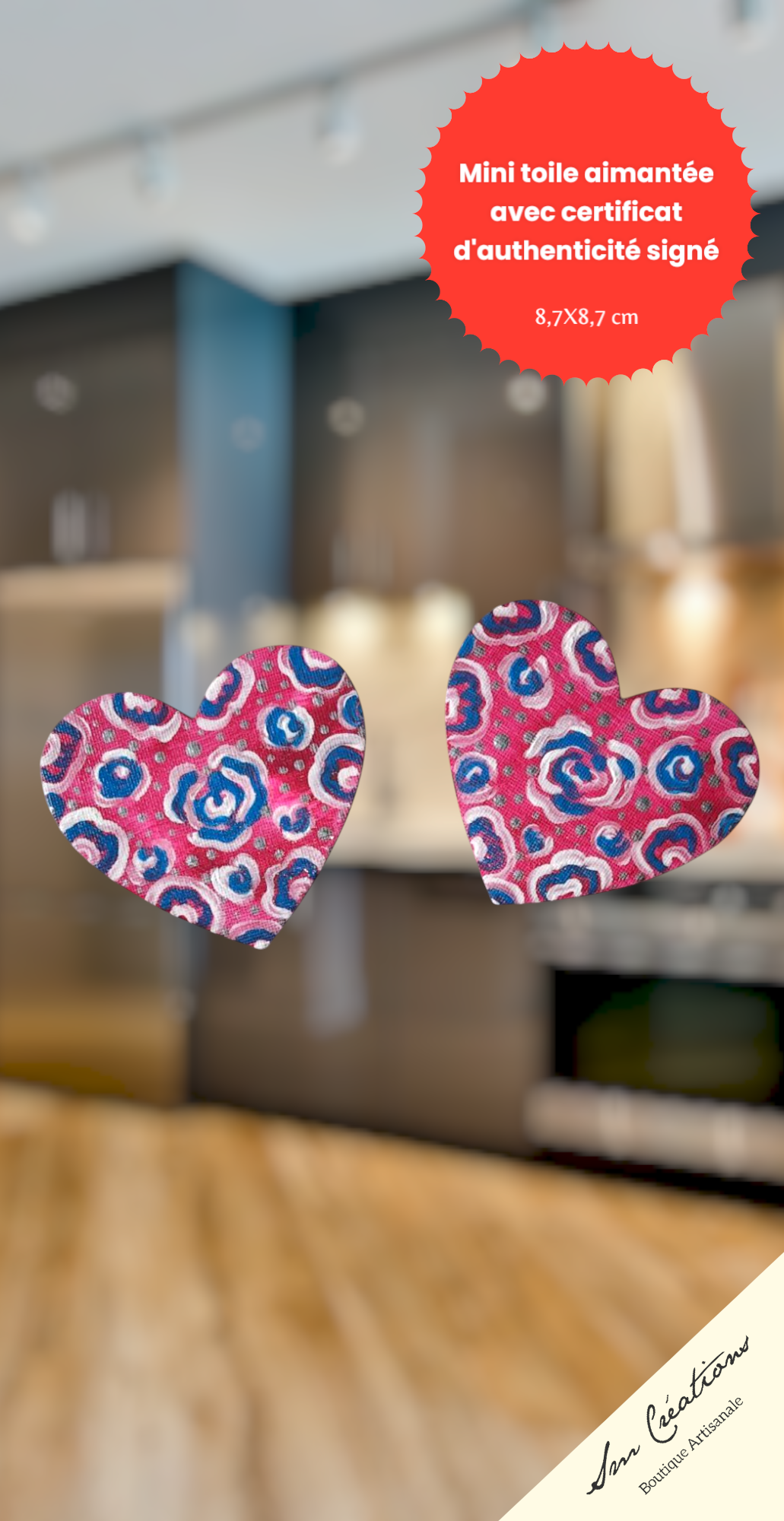 Duo de cœur "Roses en bleu" Mini toile aimantée artisanale - Exemplaire unique / Collection Coeur bohème N°1