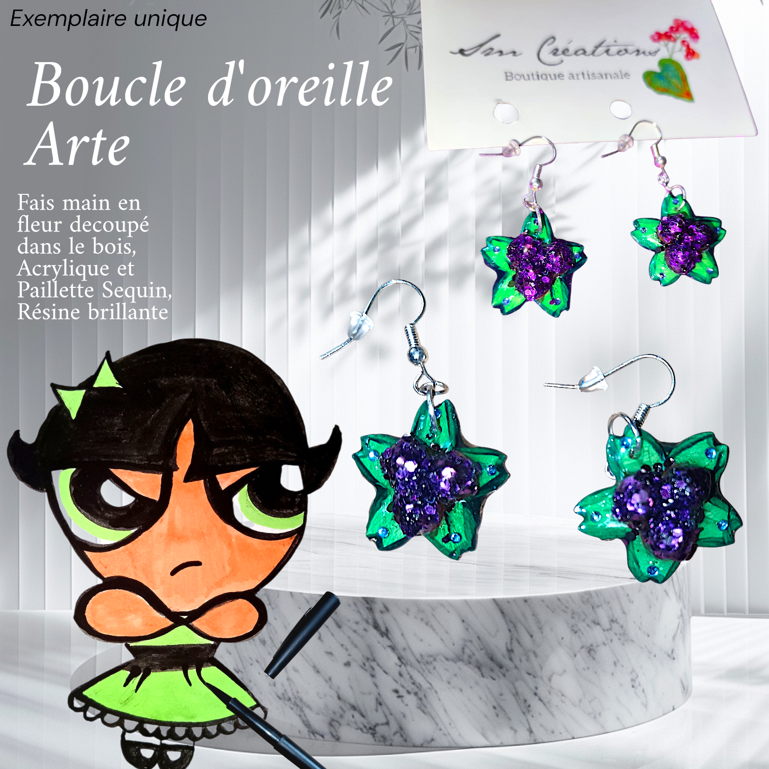 Boucle d'oreille Arte| Fleurs en violet Sequin| 95% Naturel