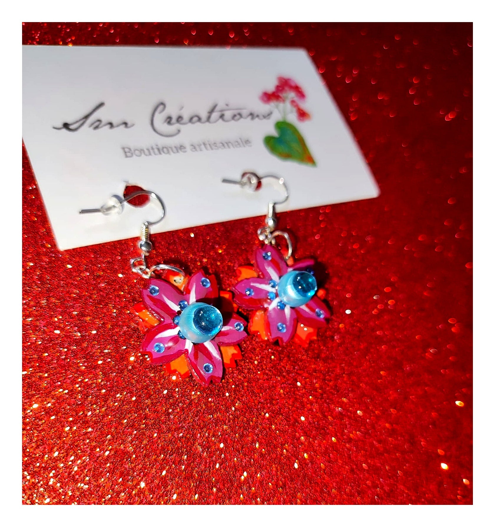 Boucle d'oreille Arte en fleurs orange et bleu| 95% naturel type Bohème Chic