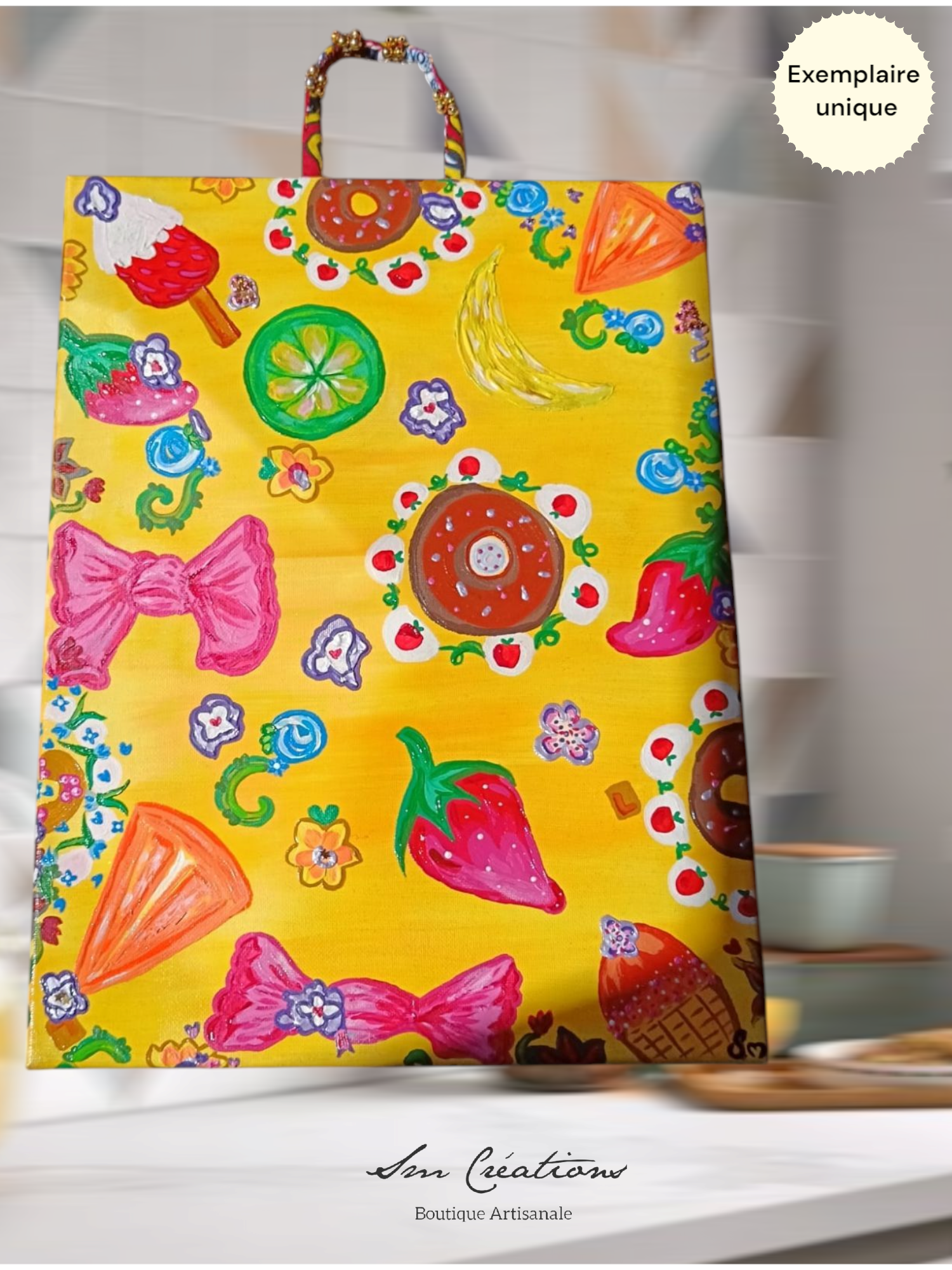 Peinture acrylique mixte 3d paint - Format 30 x 40,2 cm avec anse perlée fais main - Exemplaire unique avec certificat - titre : "Sucré"