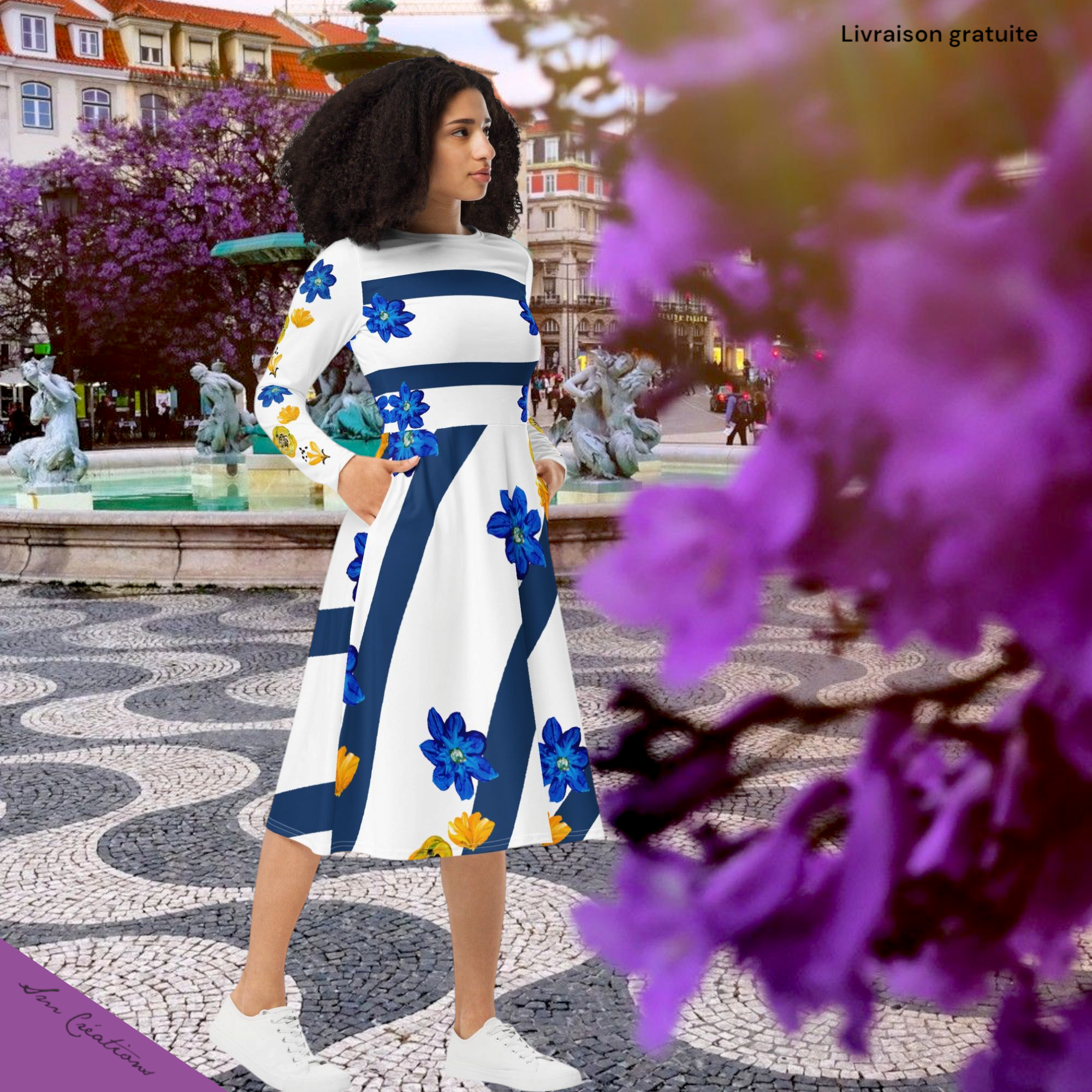 Robe manches longues avec impression Marinière Fleur d'été Summer 25' Sm Creations