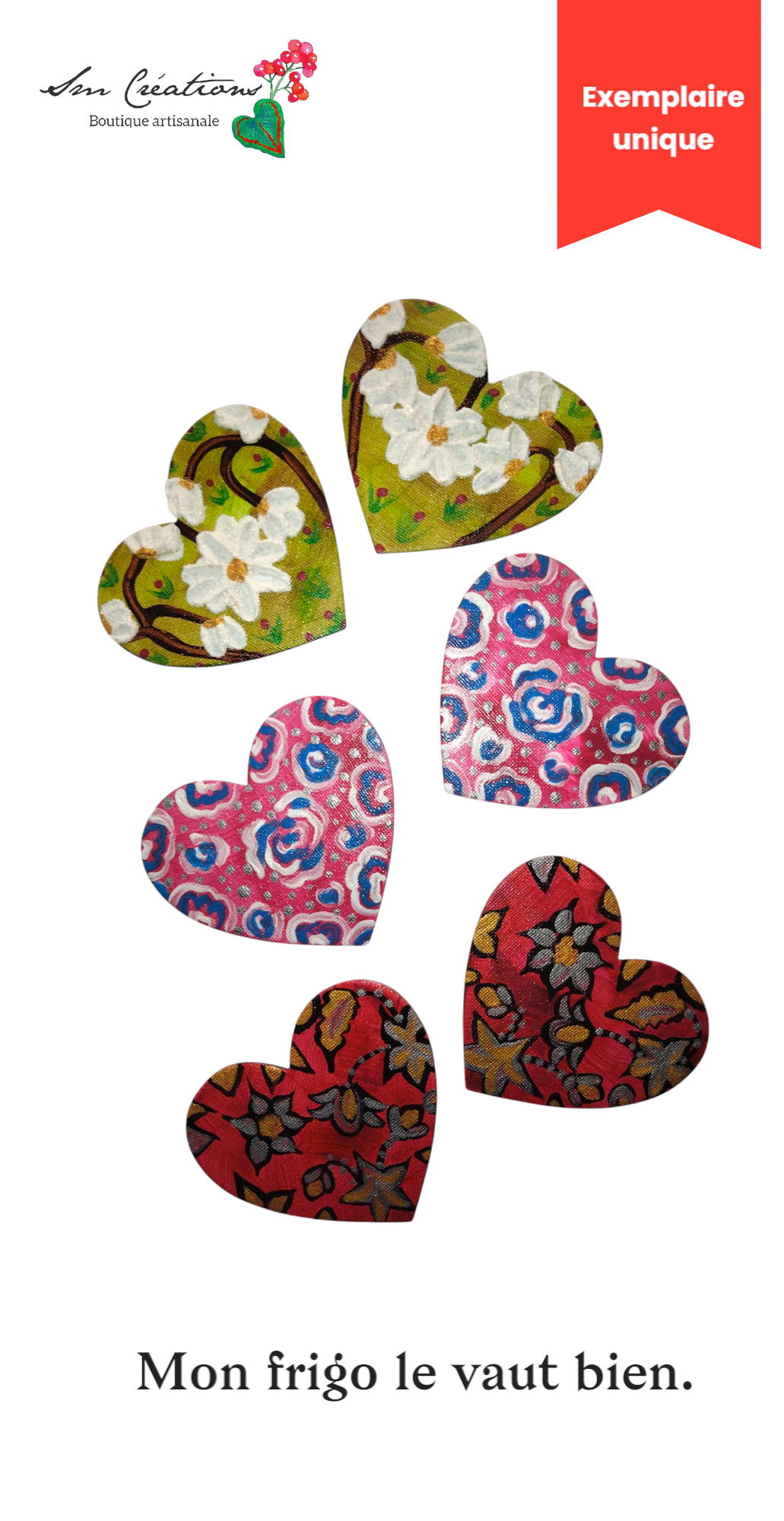 Duo de cœur "𝑪𝒐𝒎𝒎𝒆 𝒅𝒖 𝒄𝒐𝒕𝒐𝒏 " Mini toile aimantée artisanale - Exemplaire unique / Collection Coeur bohème N°1