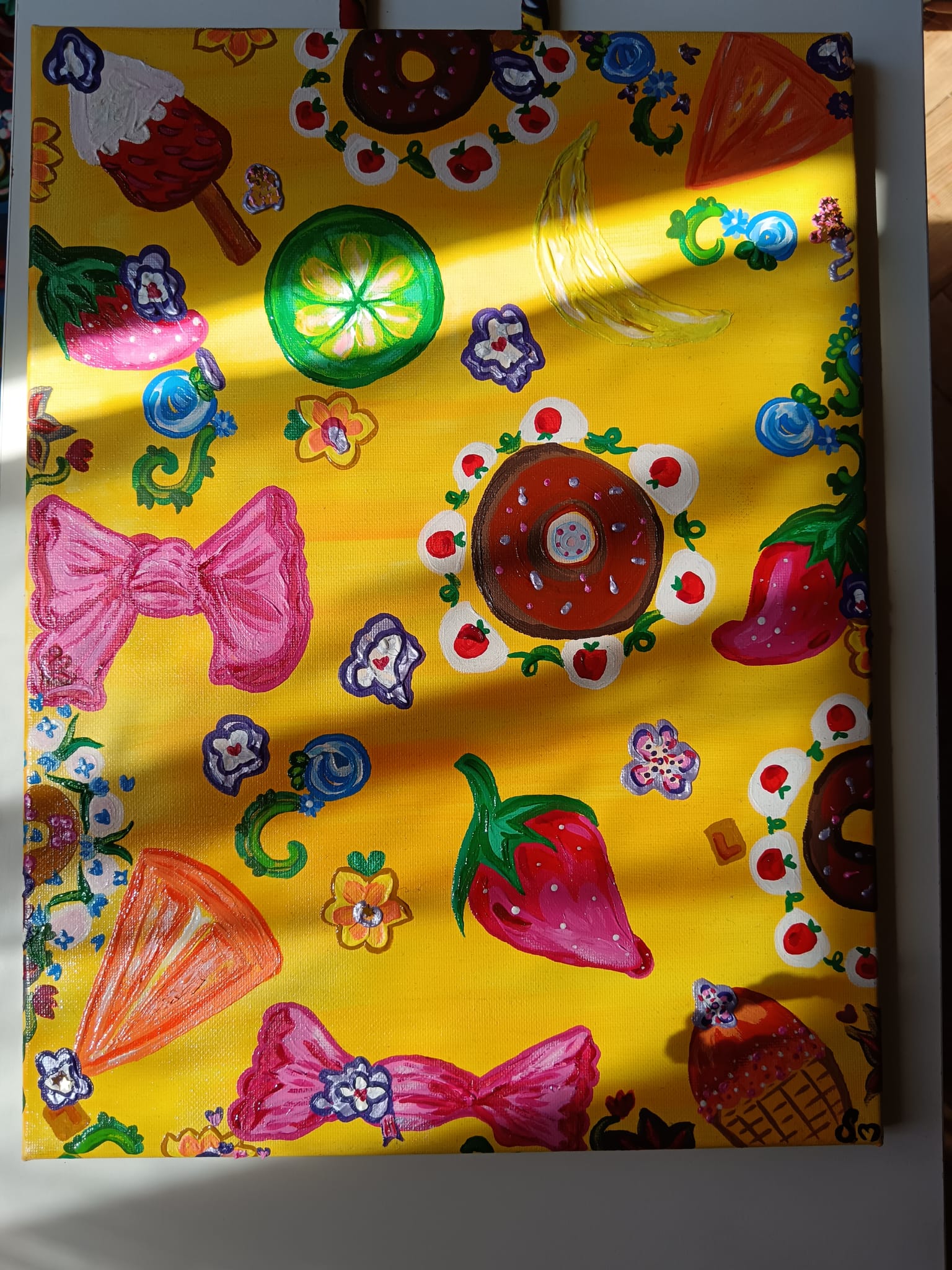 Peinture acrylique mixte 3d paint - Format 30 x 40,2 cm avec anse perlée fais main - Exemplaire unique avec certificat - titre : "Sucré"