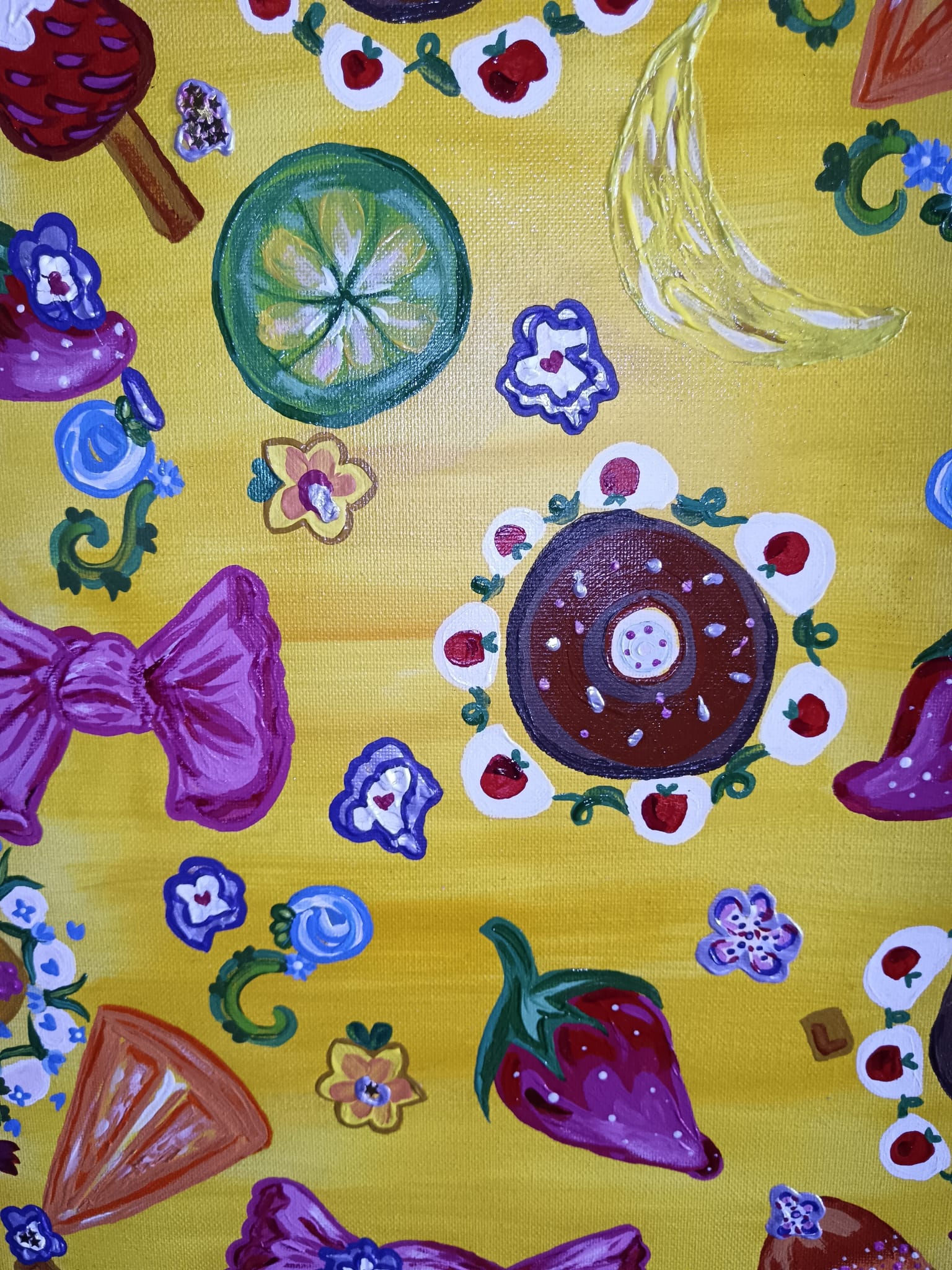 Peinture acrylique mixte 3d paint - Format 30 x 40,2 cm avec anse perlée fais main - Exemplaire unique avec certificat - titre : "Sucré"