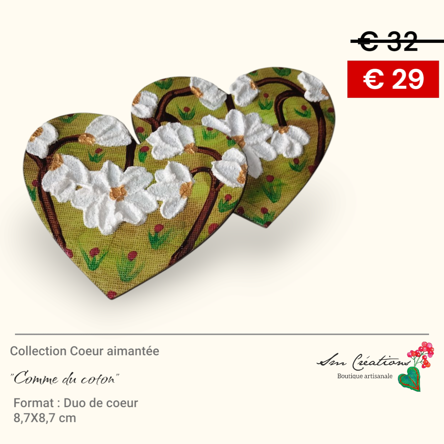 Duo de cœur "𝑪𝒐𝒎𝒎𝒆 𝒅𝒖 𝒄𝒐𝒕𝒐𝒏 " Mini toile aimantée artisanale - Exemplaire unique / Collection Coeur bohème N°1