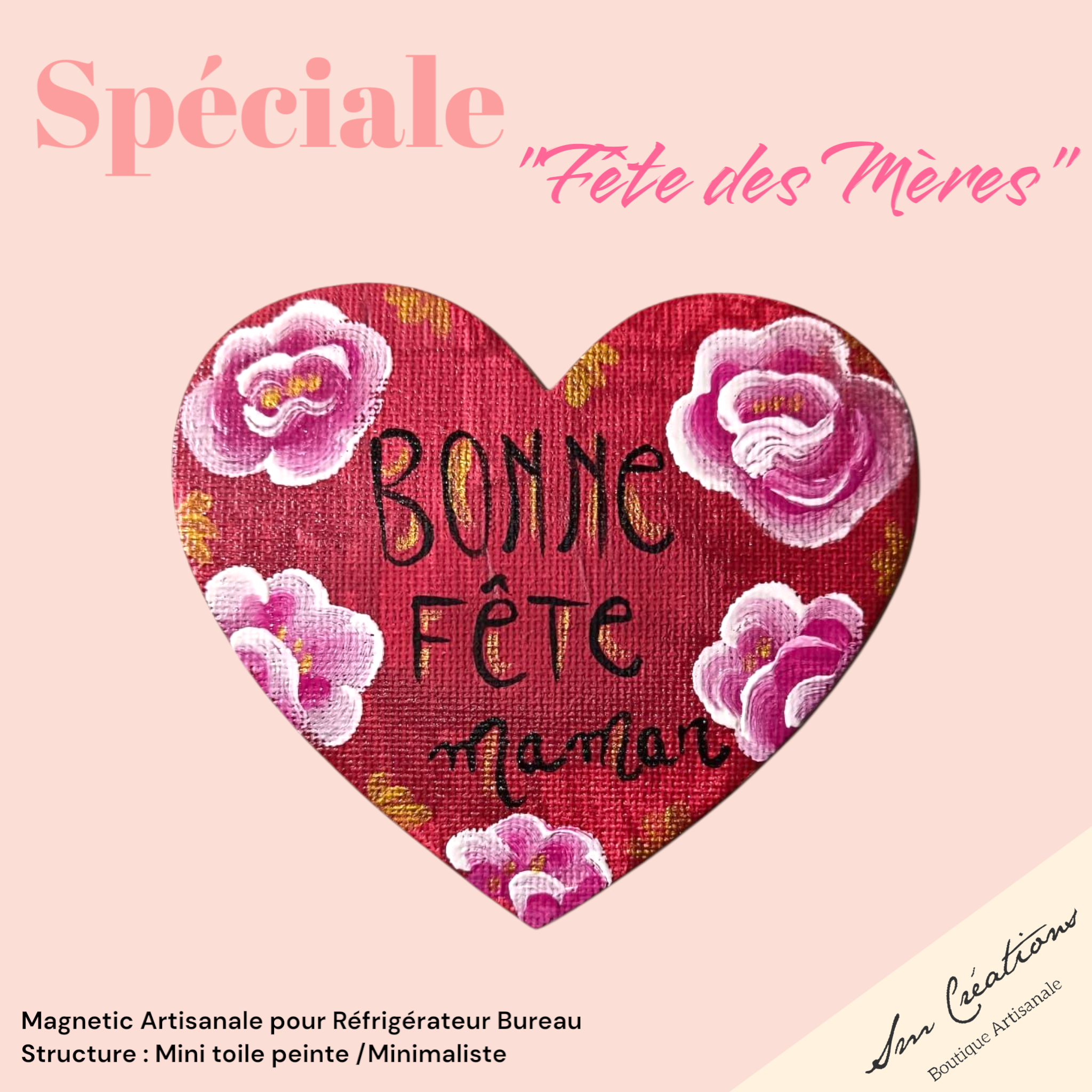 Duo de coeur aimanté artisanale "Bonne fête Maman" Exemplaire unique