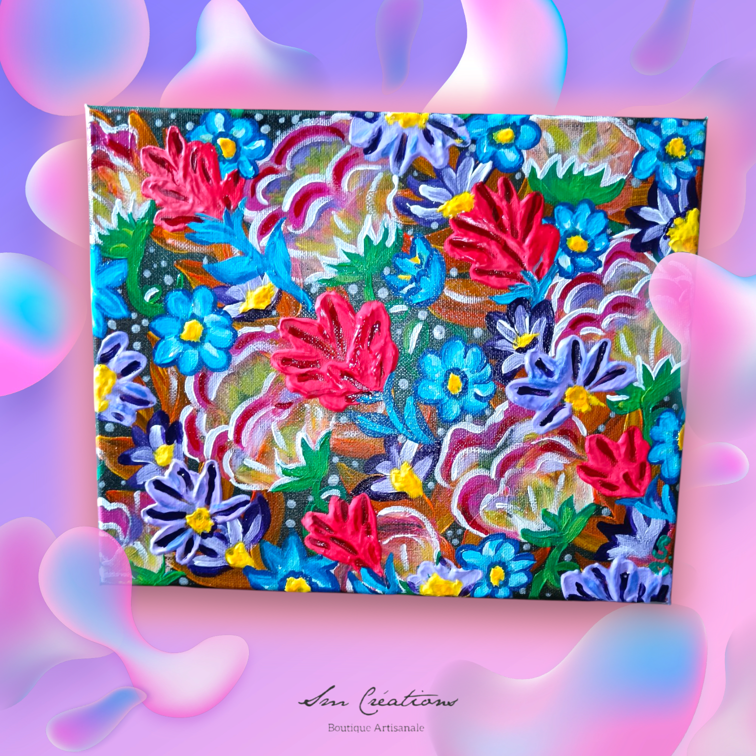 Tableau contemporain ethnique signé SM/ 2025 '' La vallée des fleurs''