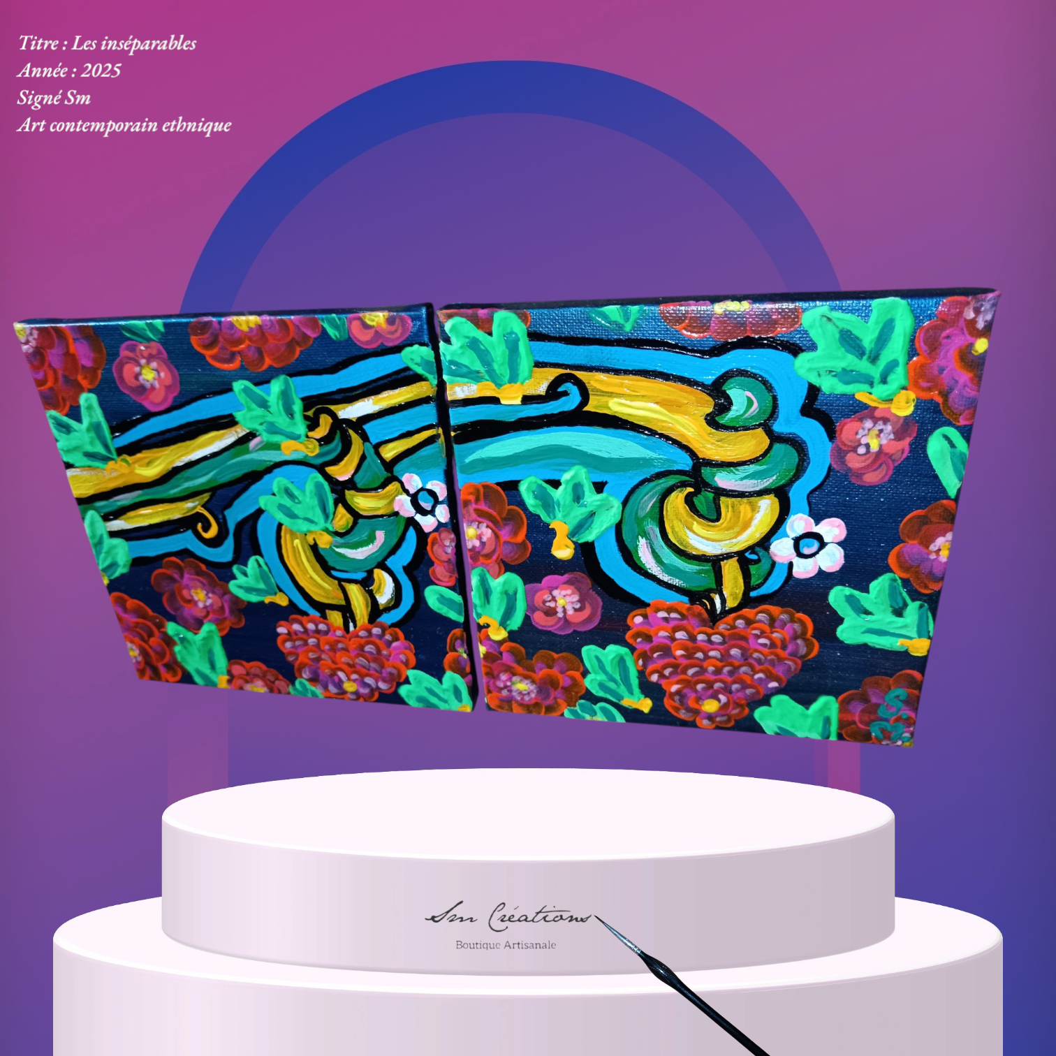 Tableau contemporain ethnique signé ''Les inséparables'' - 2025 avec certificat d'authenticité inclus