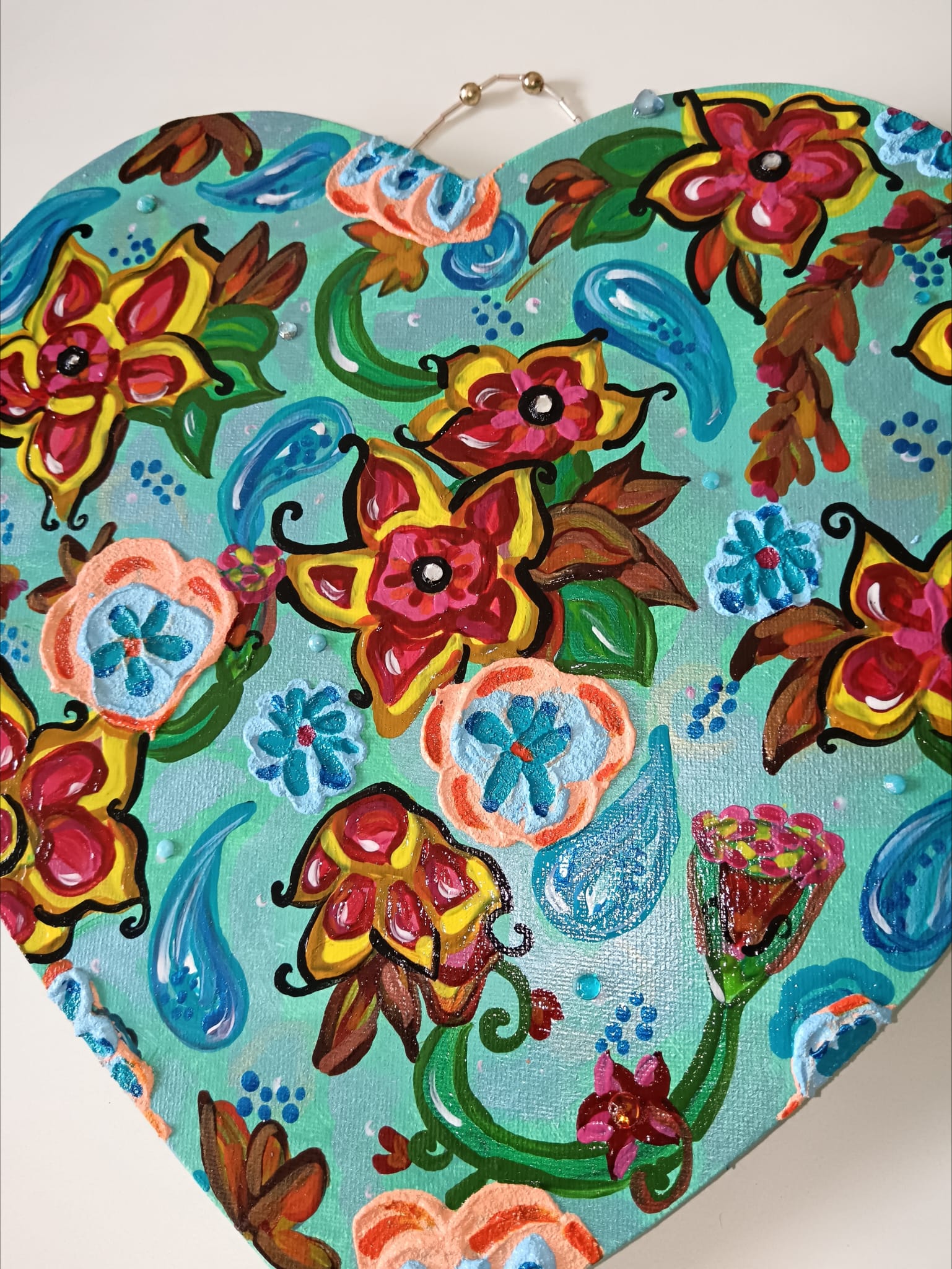 "Coeur coulant d'azur" Peinture acrylique / texturée 29x29cm avec attache perlée artisanale - originale signé