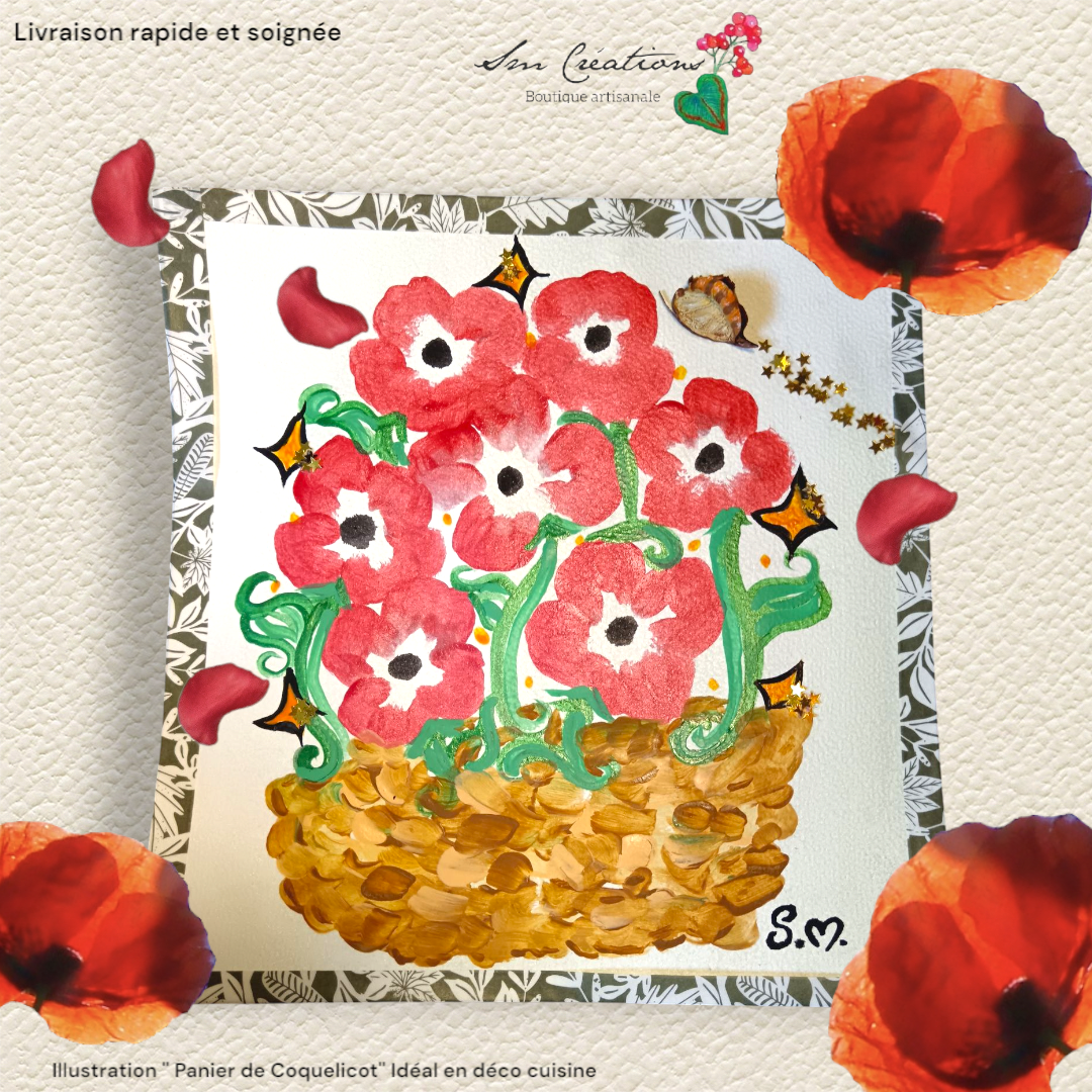 Illustration/ Affichette Artisanale signée - Exemplaire unique "Panier de Coquelicot'' Année : 2025