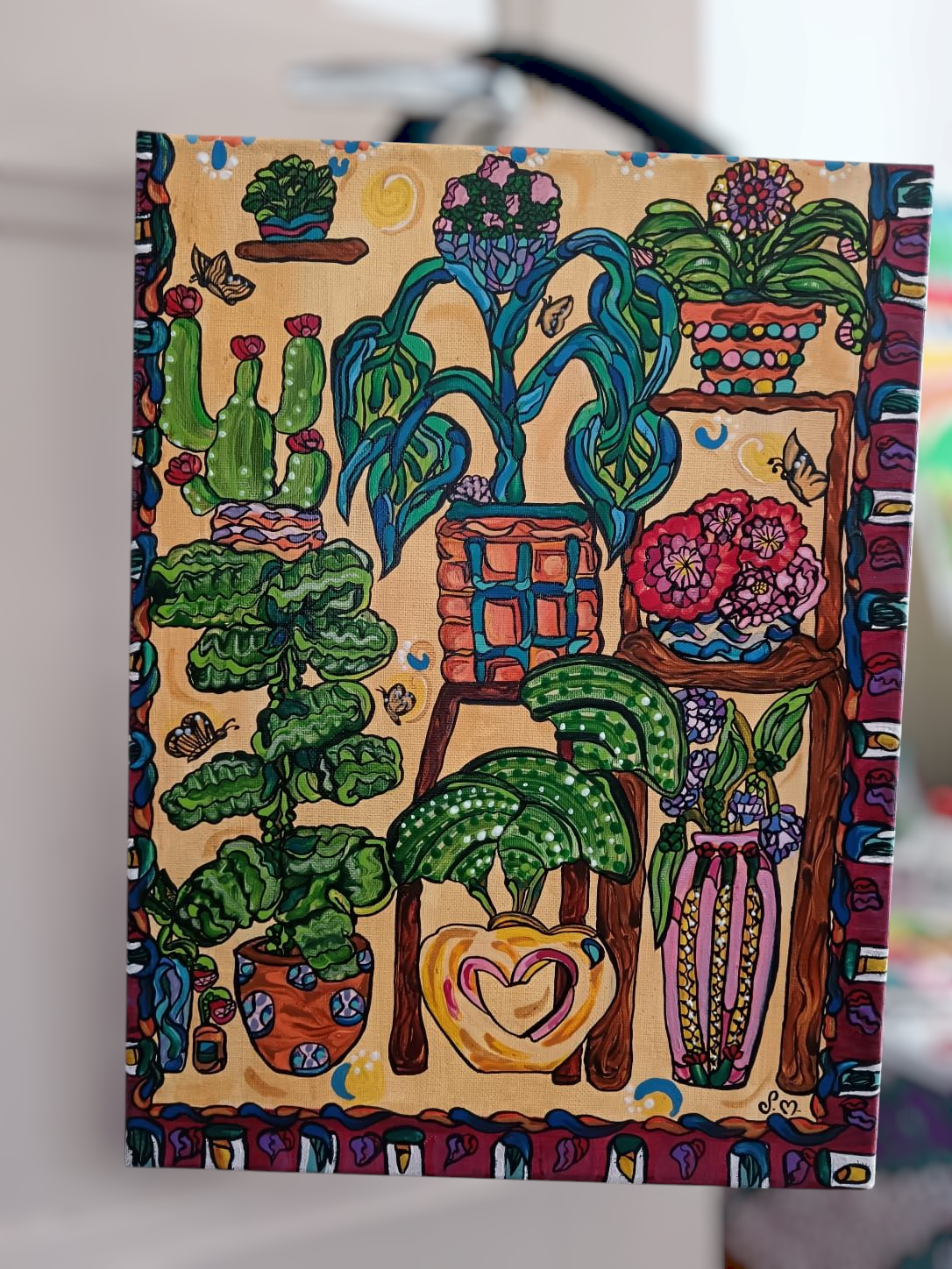 Tableau Peinture " La serre" 29,7X39,7cm - Acrylique avec anse perlée fais main - Exemplaire unique signé