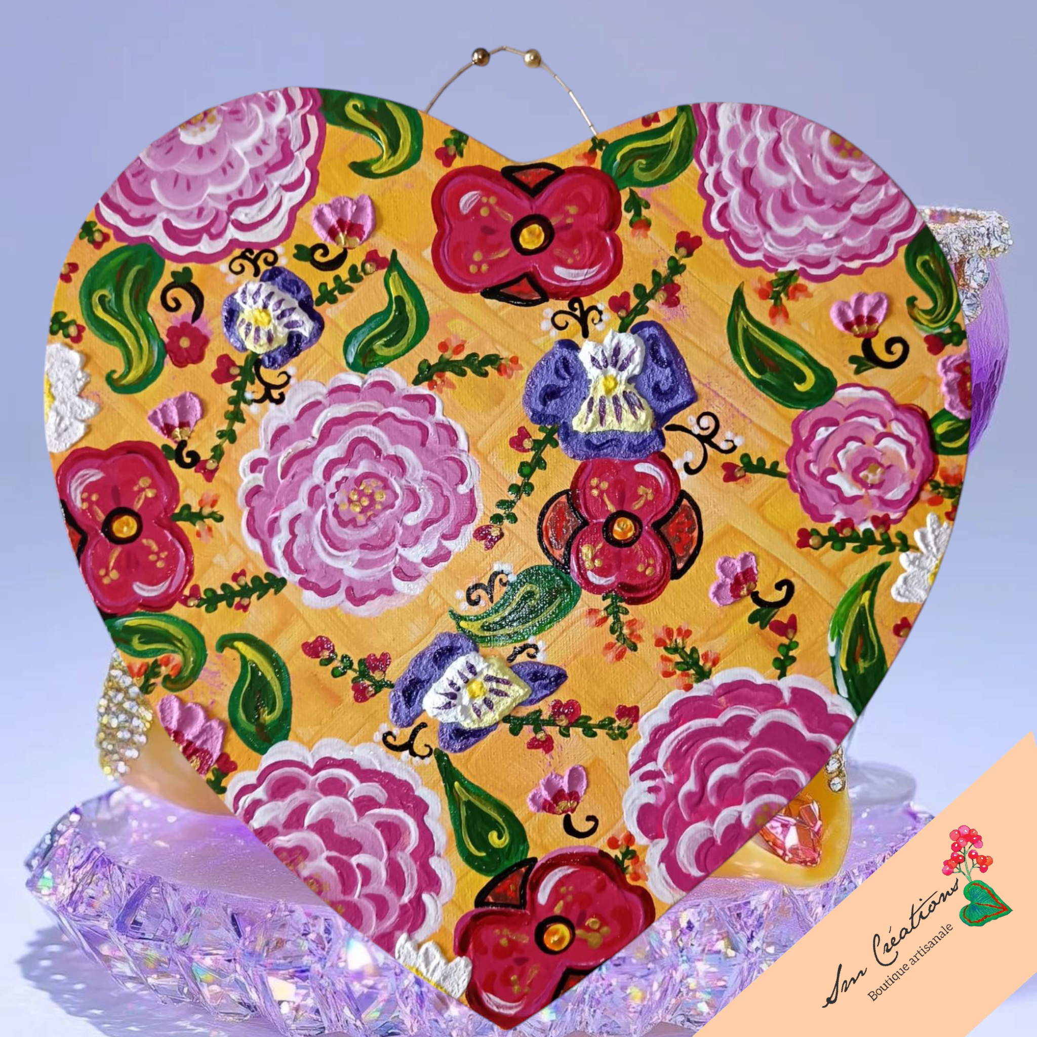 "Coeur fleur de miel" Peinture acrylique/ texturée 29X29 cm avec attache perlée artisanale- Exemplaire unique signé