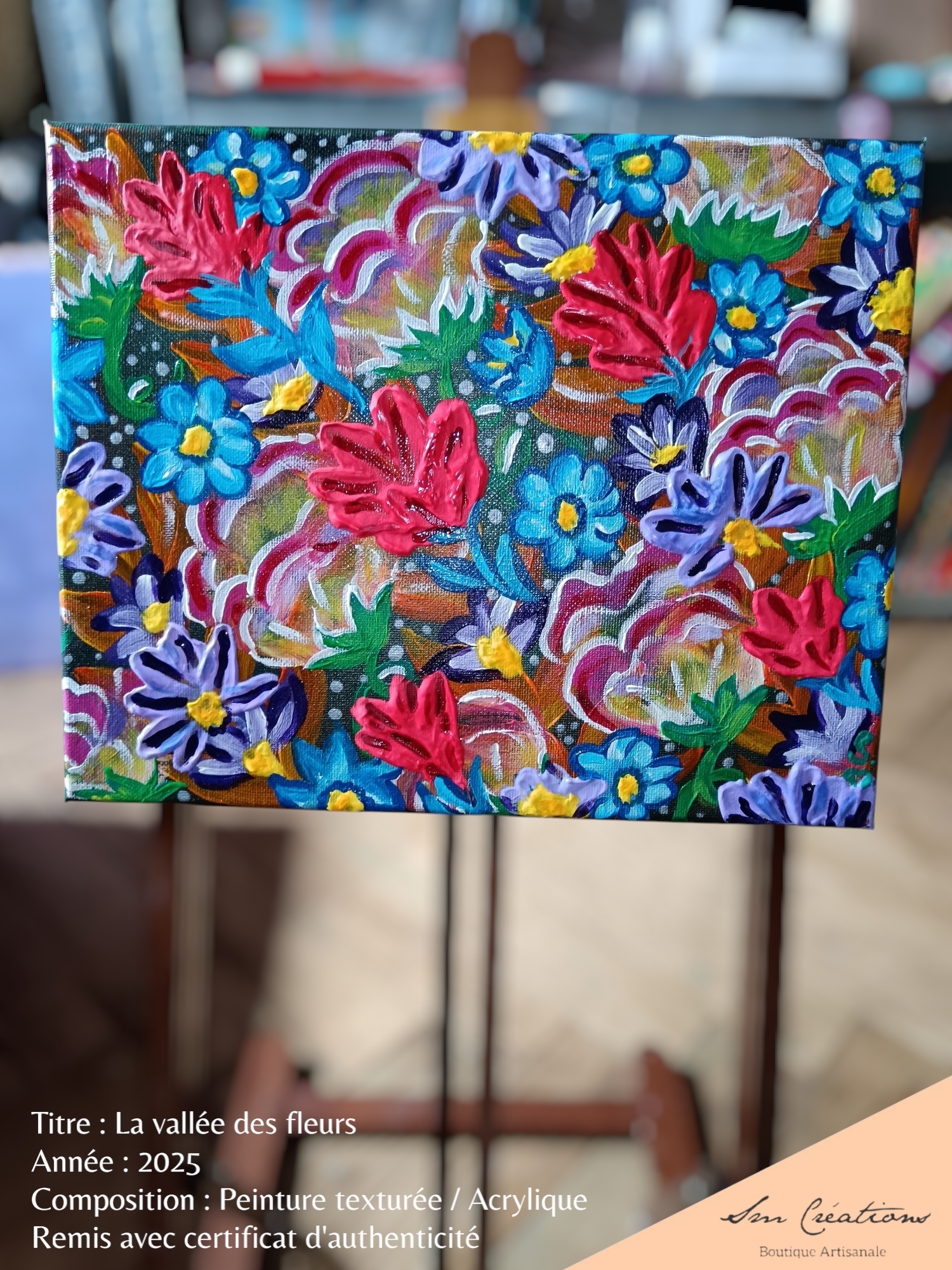 Tableau contemporain ethnique signé SM/ 2025 '' La vallée des fleurs''