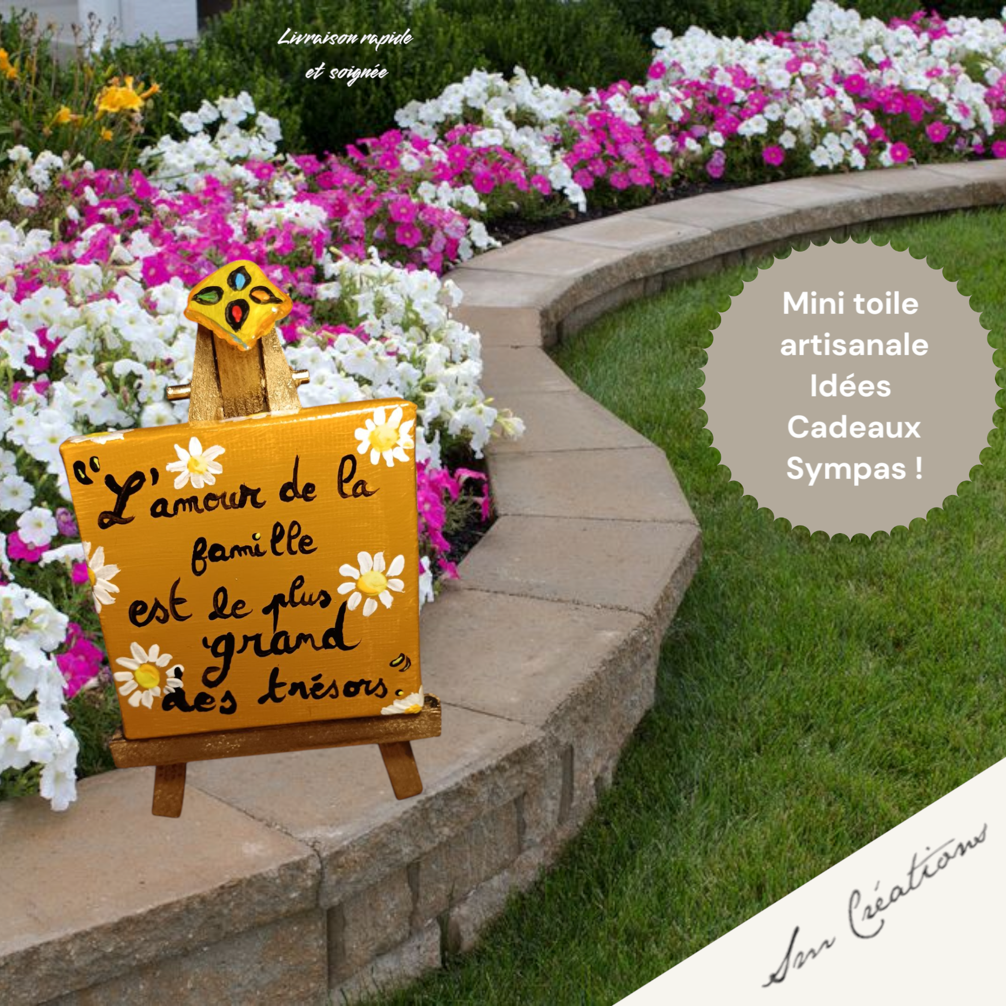 Mini toile caramel sur chevalet doré/ Artisanale signé- Idées cadeaux Spécial Doux Messages 2025