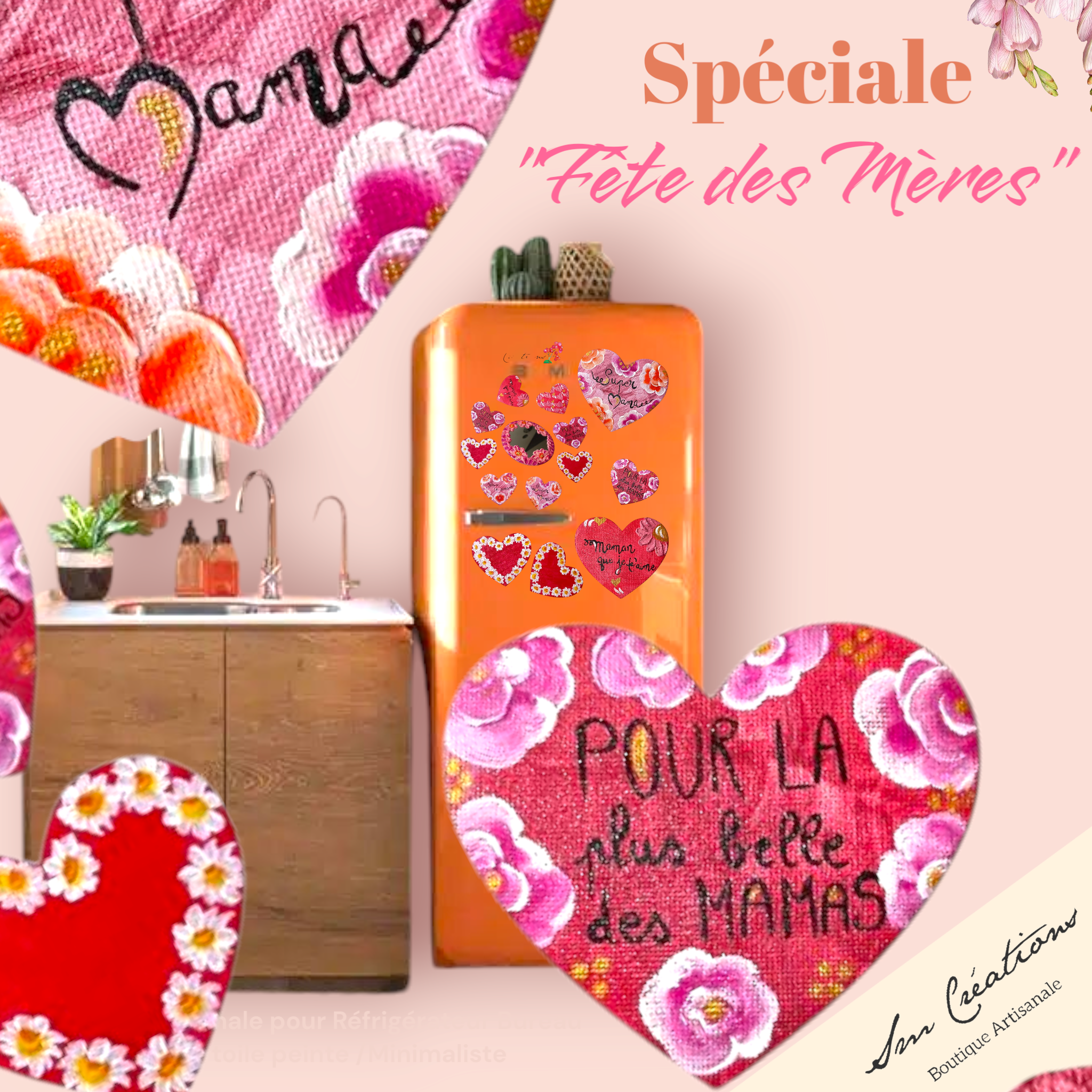 Duo de coeur aimanté artisanale "Bonne fête Maman" Exemplaire unique