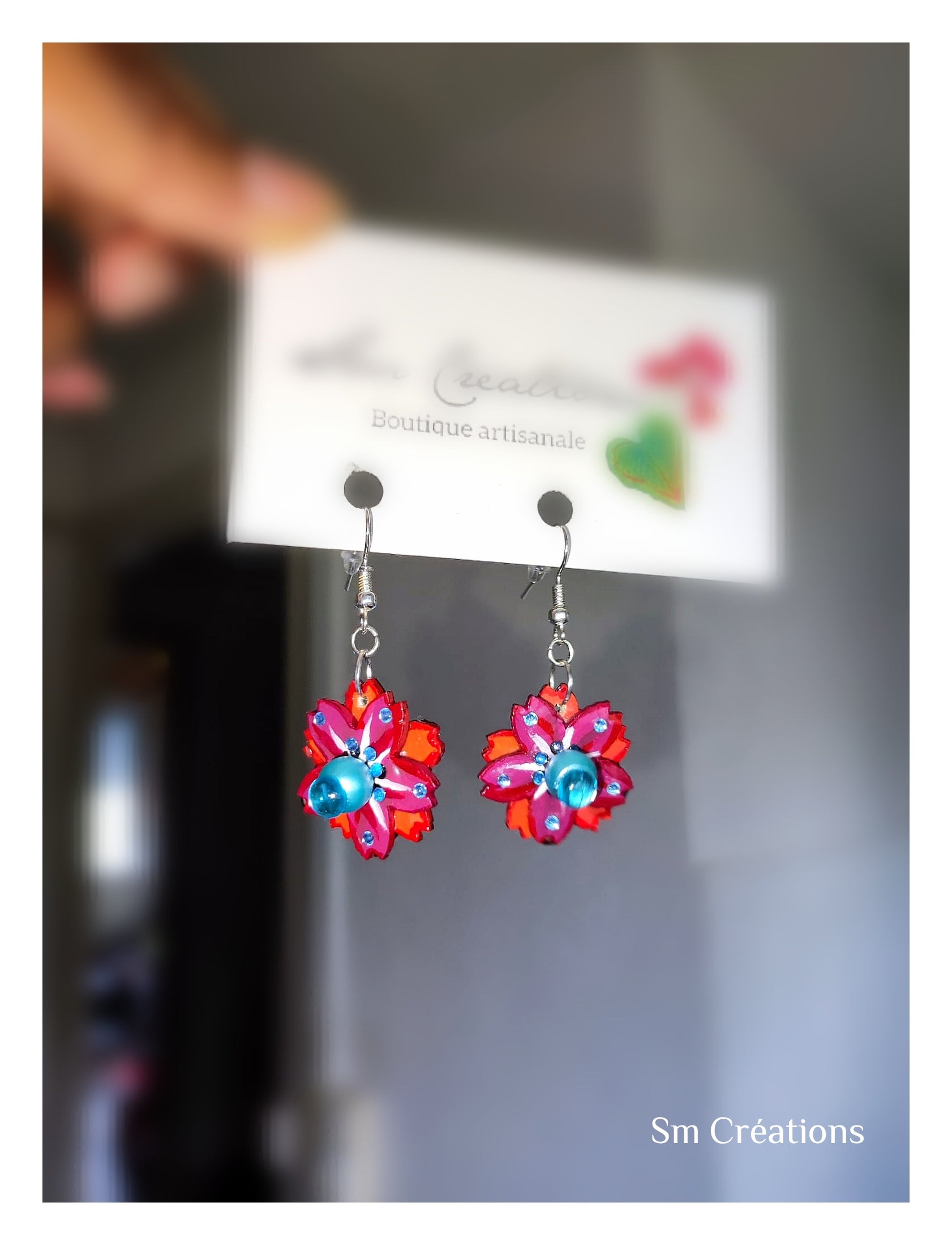 Boucle d'oreille Arte en fleurs orange et bleu| 95% naturel type Bohème Chic