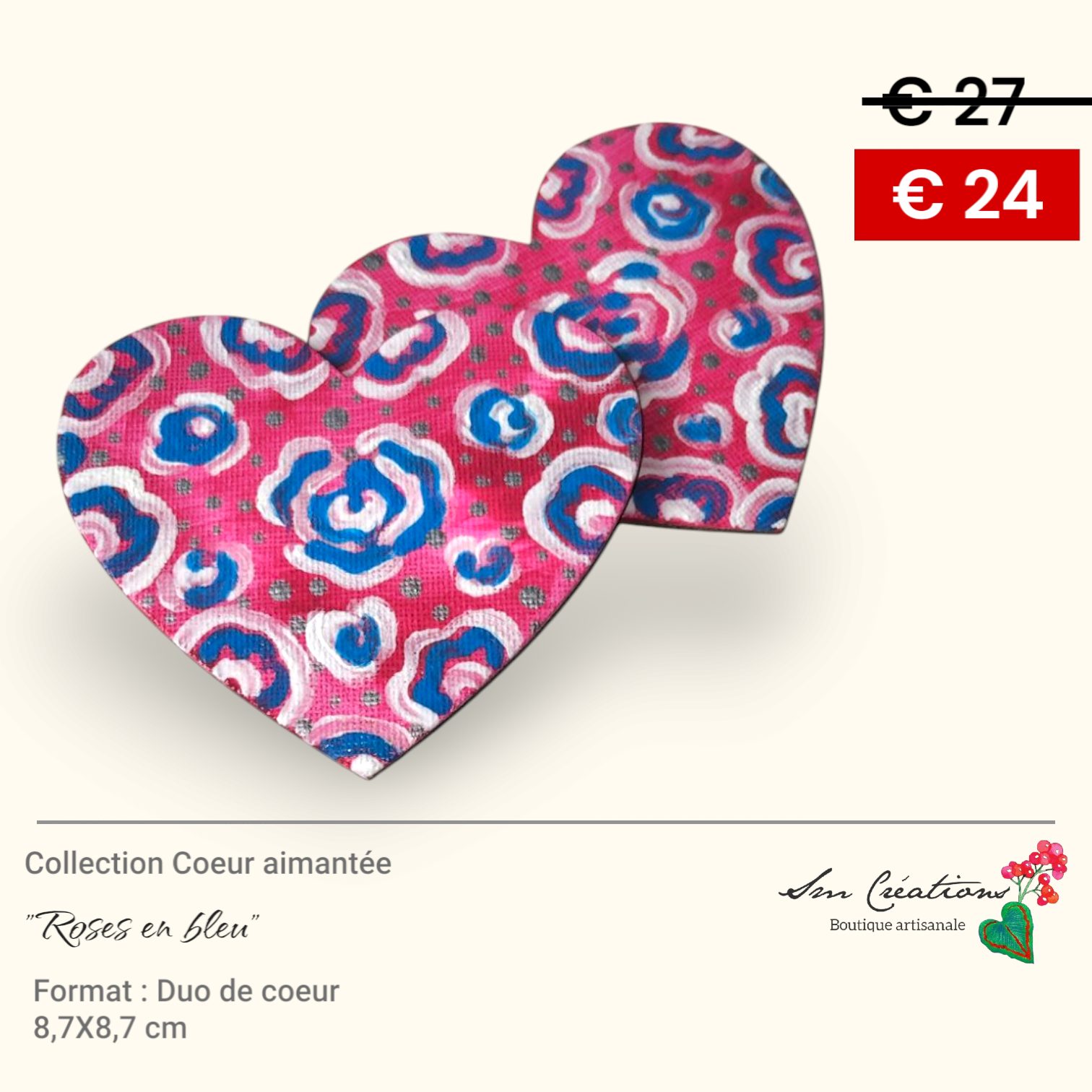 Duo de cœur "Roses en bleu" Mini toile aimantée artisanale - Exemplaire unique / Collection Coeur bohème N°1