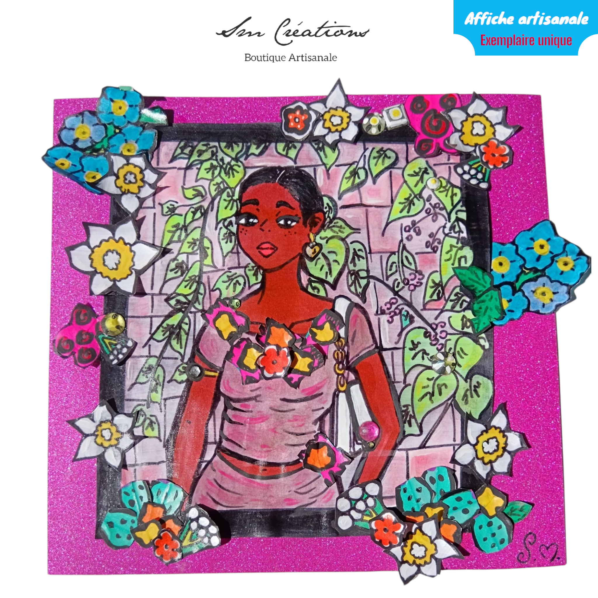 Illustration peinture type affichette artisanale 21 x 20 cm - 1 exemplaire unique et signé - "La belle inconnue" 2025